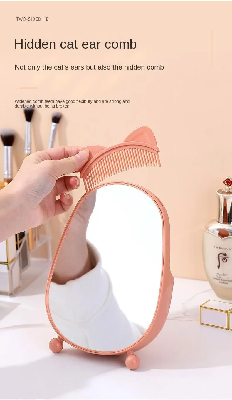 Cosmetic Mirror for Desk, Dormitory Standing Make Up Mirror with Storage and Brush, Cute Table Mirror for Women, Kids and Men (Blue)