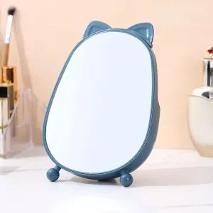 Cosmetic Mirror for Desk, Dormitory Standing Make Up Mirror with Storage and Brush, Cute Table Mirror for Women, Kids and Men (Blue)