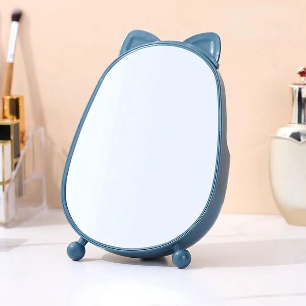 Cosmetic Mirror for Desk, Dormitory Standing Make Up Mirror with Storage and Brush, Cute Table Mirror for Women, Kids and Men (Blue)