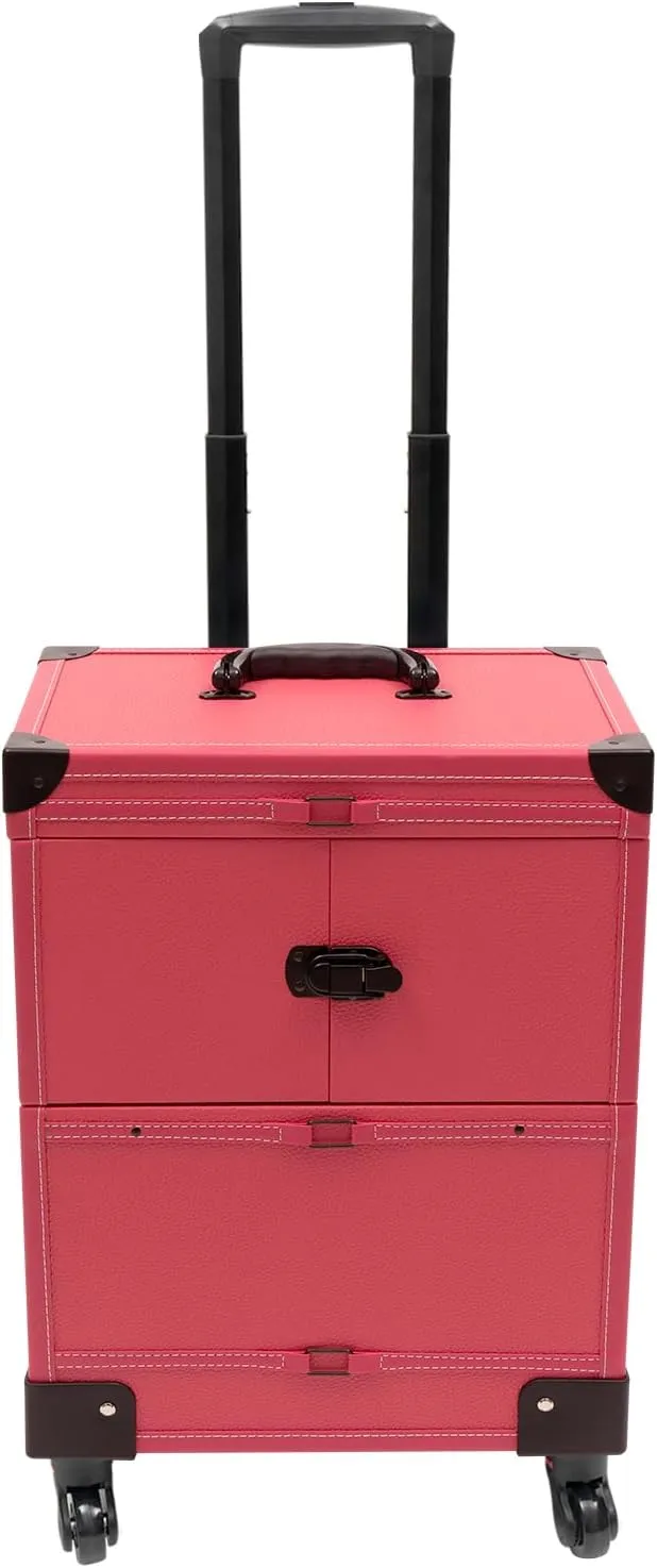 Cosmetic Organizer Box, Rolling Makeup Train Case, Modern Trolley Makeup Organizer, Rectangular Cosmetic Cart, Travel Trolley with Mirror - Rose