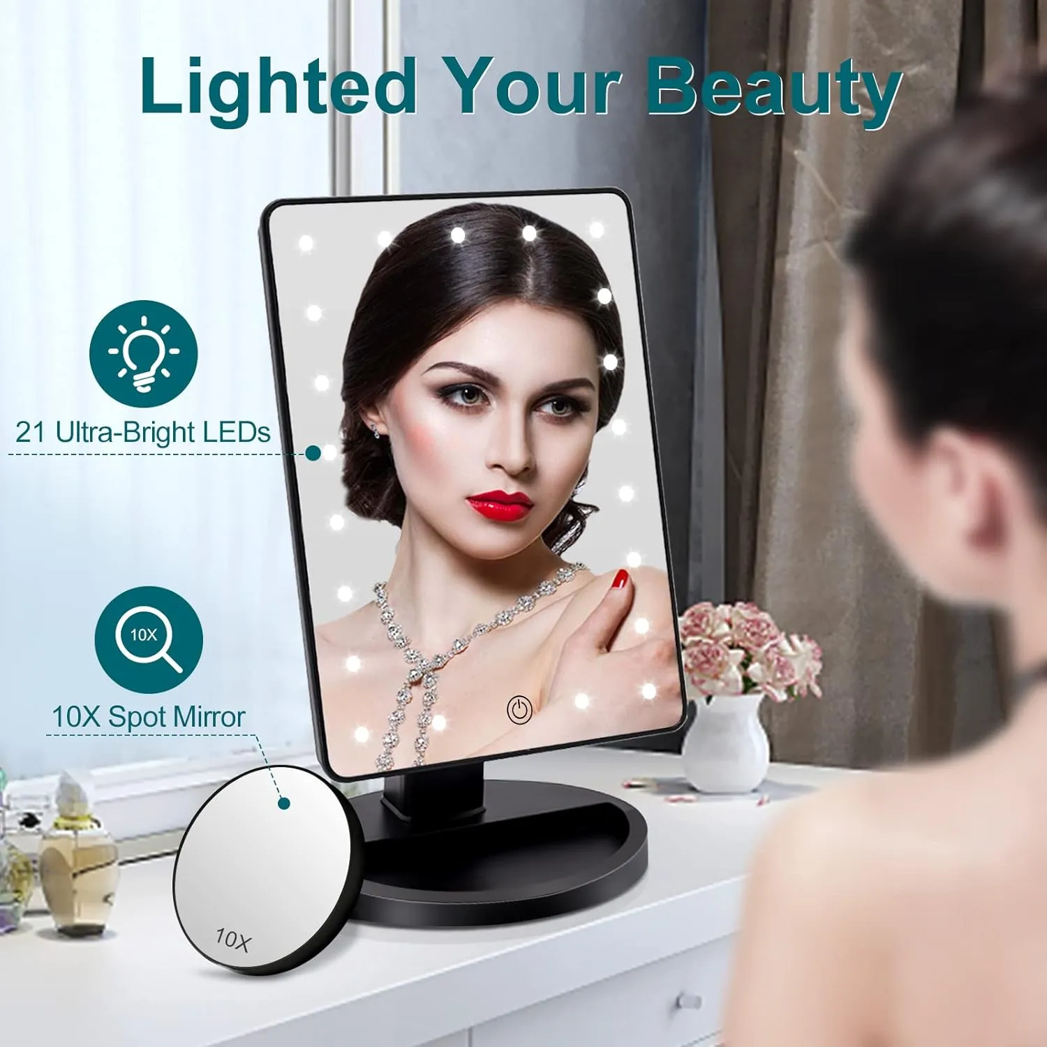 COSMIRROR Lighted Makeup Vanity Mirror with 10X Magnifying, 21 LED Lighted with Touch Sensor Dimming, 180Adjustable Rotation, Dual Power Supply, Portable Cosmetic Mirror (Black)