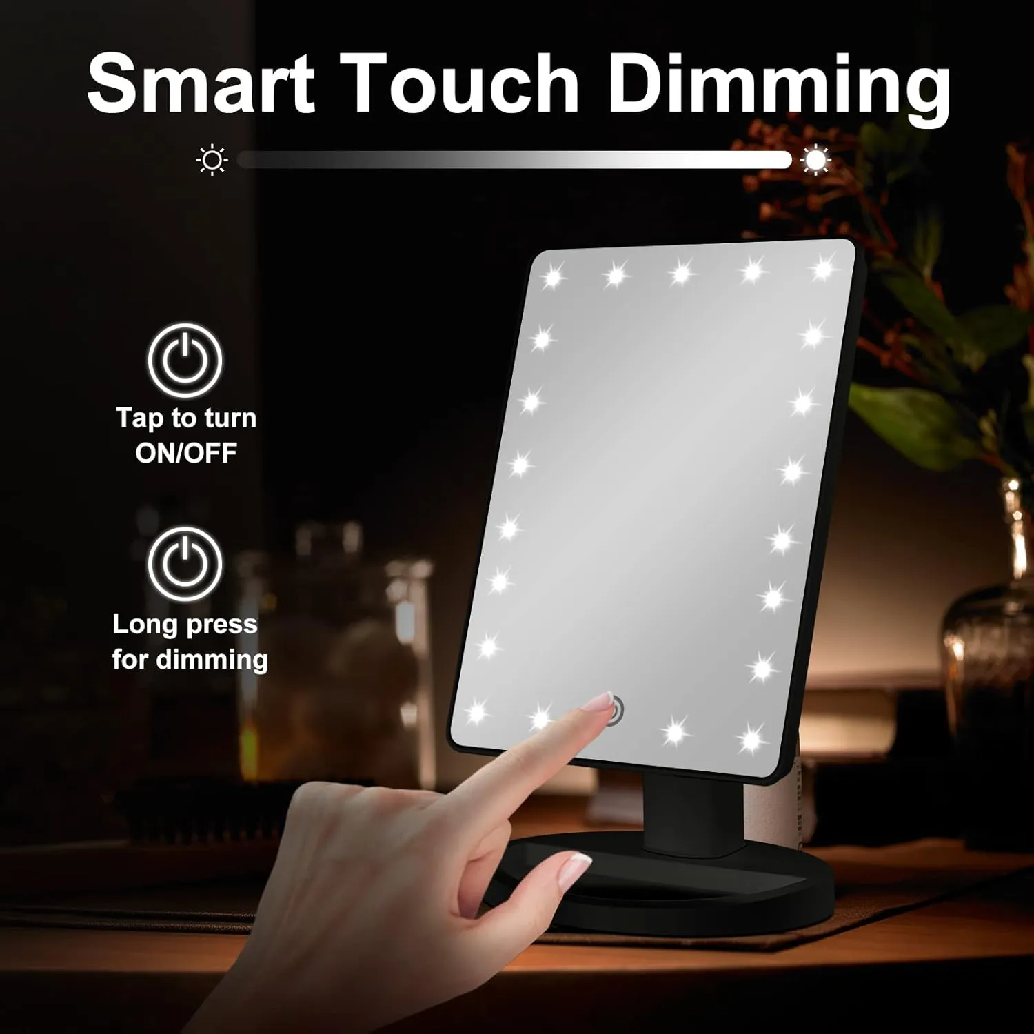COSMIRROR Lighted Makeup Vanity Mirror with 10X Magnifying, 21 LED Lighted with Touch Sensor Dimming, 180Adjustable Rotation, Dual Power Supply, Portable Cosmetic Mirror (Black)