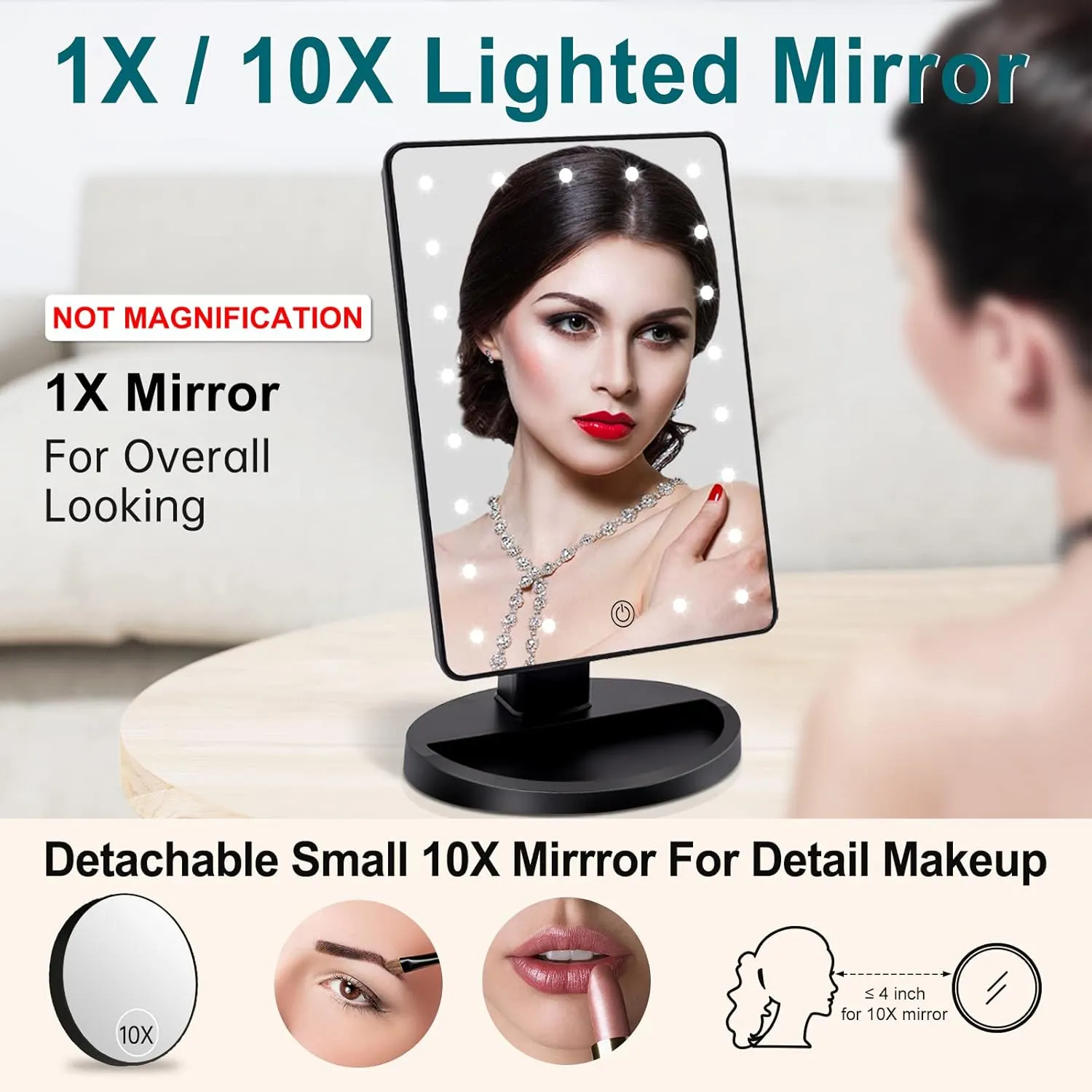 COSMIRROR Lighted Makeup Vanity Mirror with 10X Magnifying, 21 LED Lighted with Touch Sensor Dimming, 180Adjustable Rotation, Dual Power Supply, Portable Cosmetic Mirror (Black)