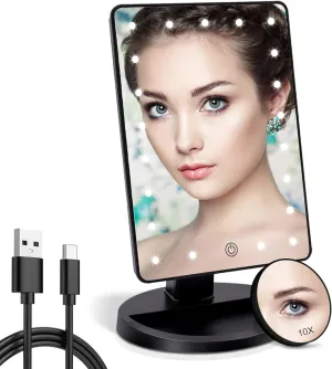 COSMIRROR Lighted Makeup Vanity Mirror with 10X Magnifying, 21 LED Lighted with Touch Sensor Dimming, 180Adjustable Rotation, Dual Power Supply, Portable Cosmetic Mirror (Black)