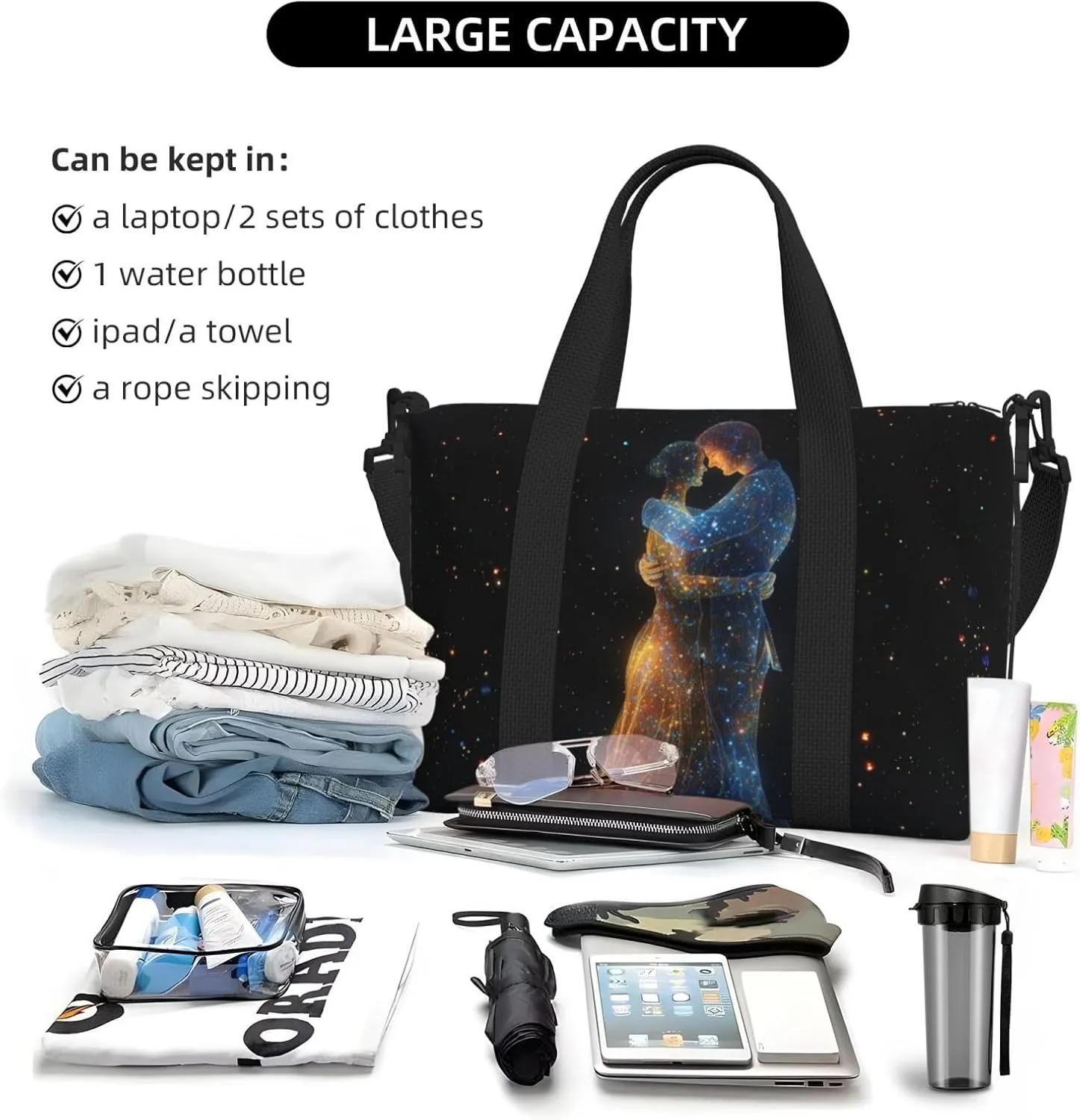 couple hugging each other print Travel Duffel Bag, Sports Tote Gym Bag, Swim Pool Bag Large Shoulder Tote Bag for Beach Weekender, 202-406-121