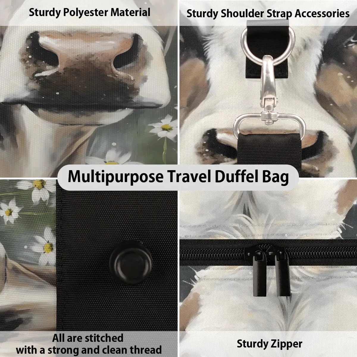 Cow Travel Duffel Bag for Women Men Waterproof Foldable Overnight Weekender Bag Large Capacity Sports Gym Bag