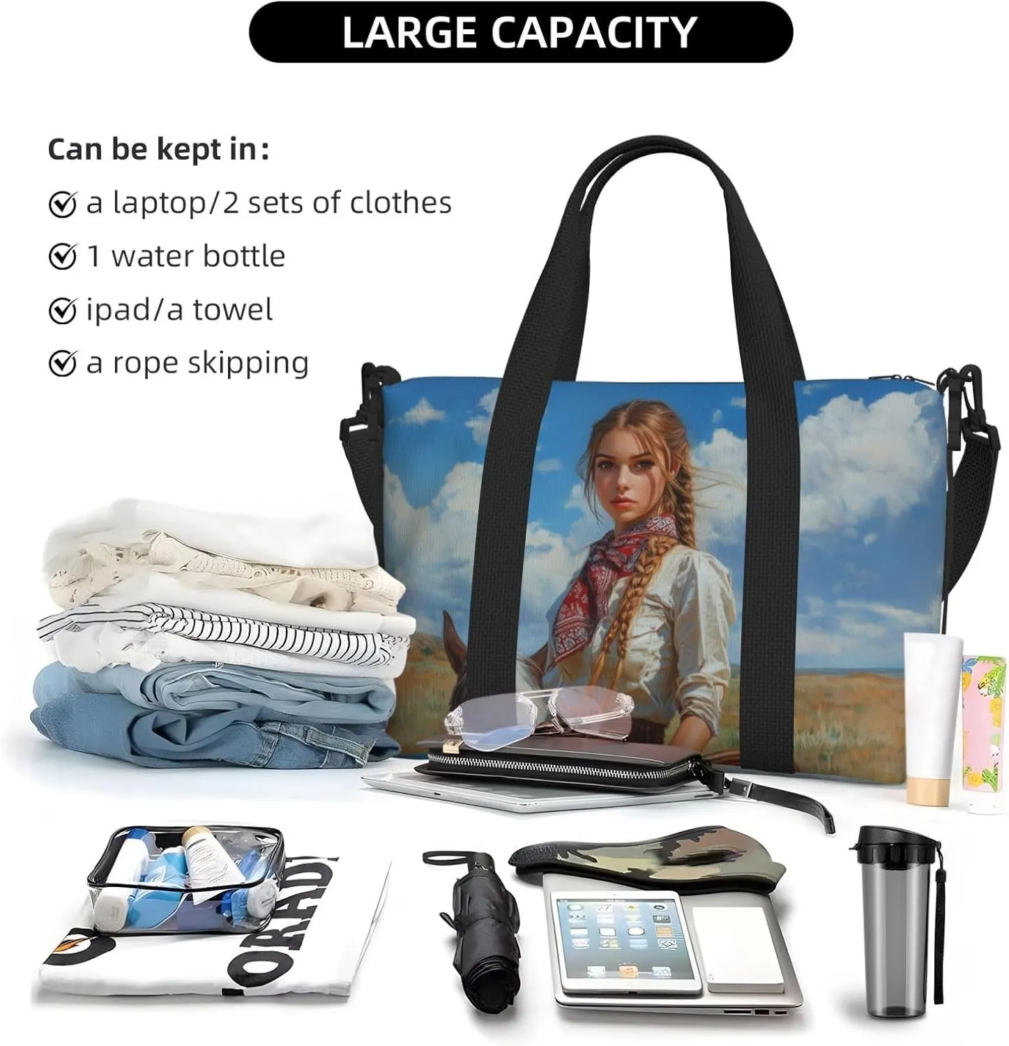 cowgirl print Travel Duffel Bag, Sports Tote Gym Bag, Swim Pool Bag Large Shoulder Tote Bag for Beach Weekender