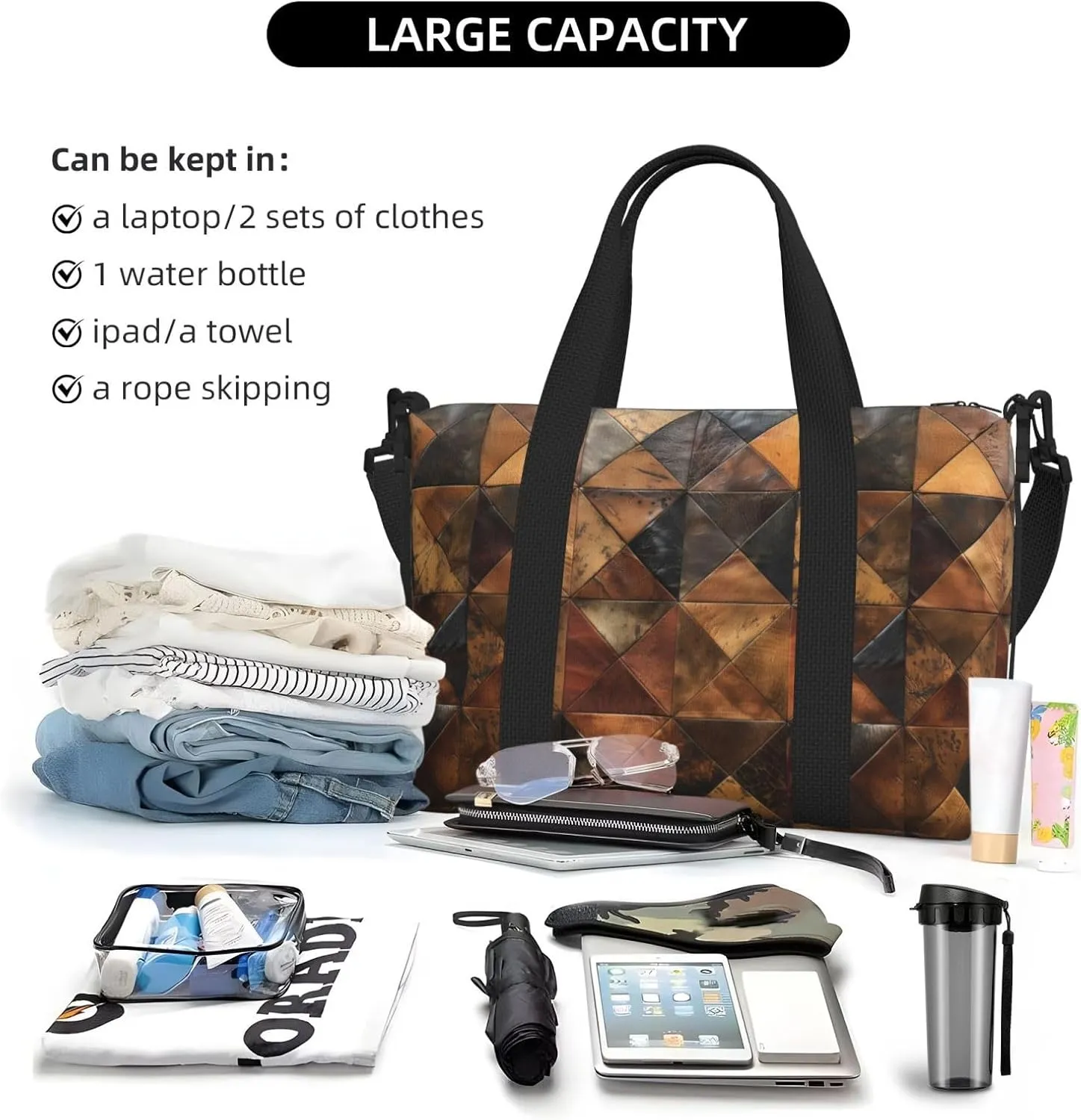 cowhide print Travel Duffel Bag, Sports Tote Gym Bag, Swim Pool Bag Large Shoulder Tote Bag for Beach Weekender