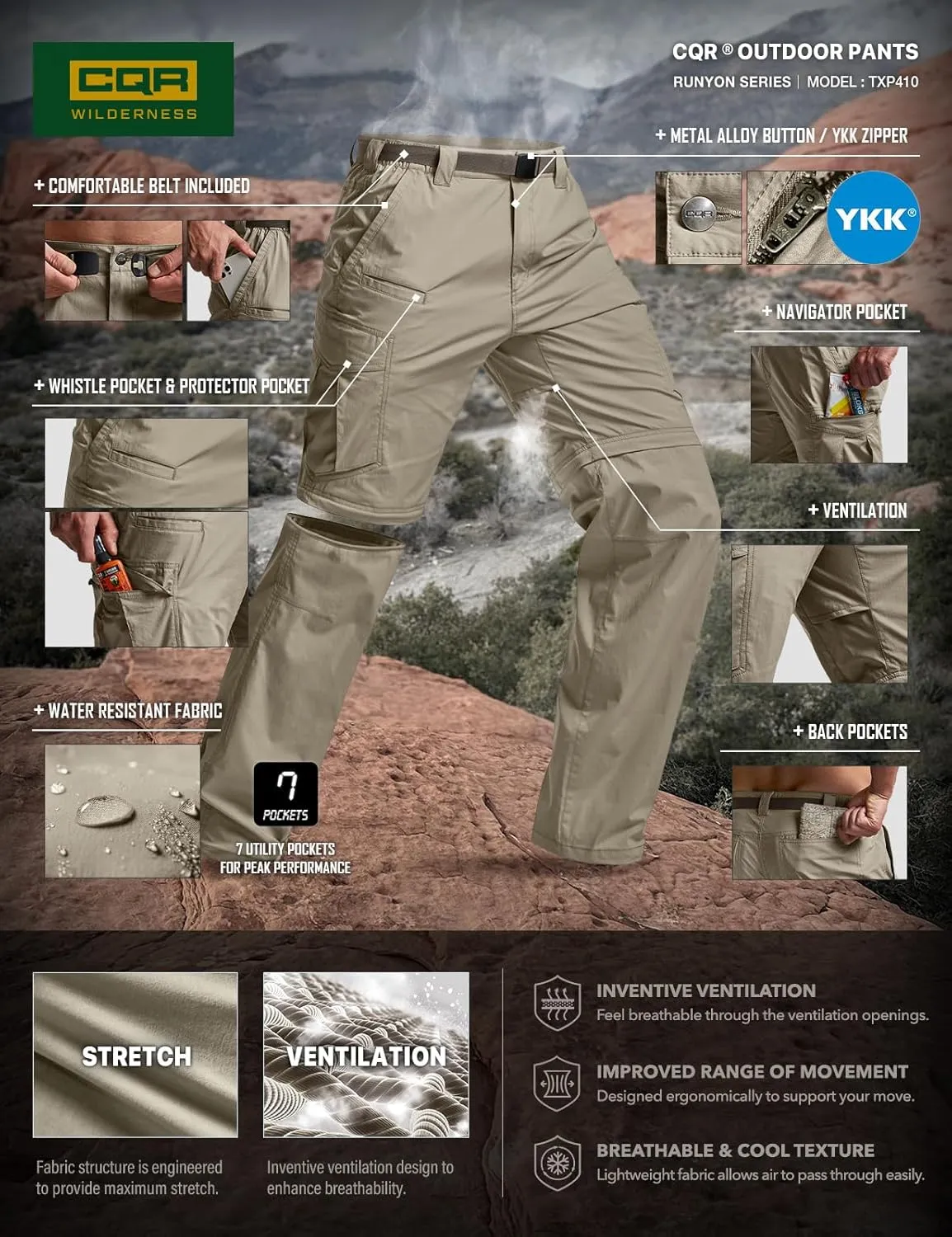 CQR Men's Convertible Cargo Tactical Pants, Water Resistant Outdoor Hiking Pants, Zip Off Lightweight Stretch Work Pants