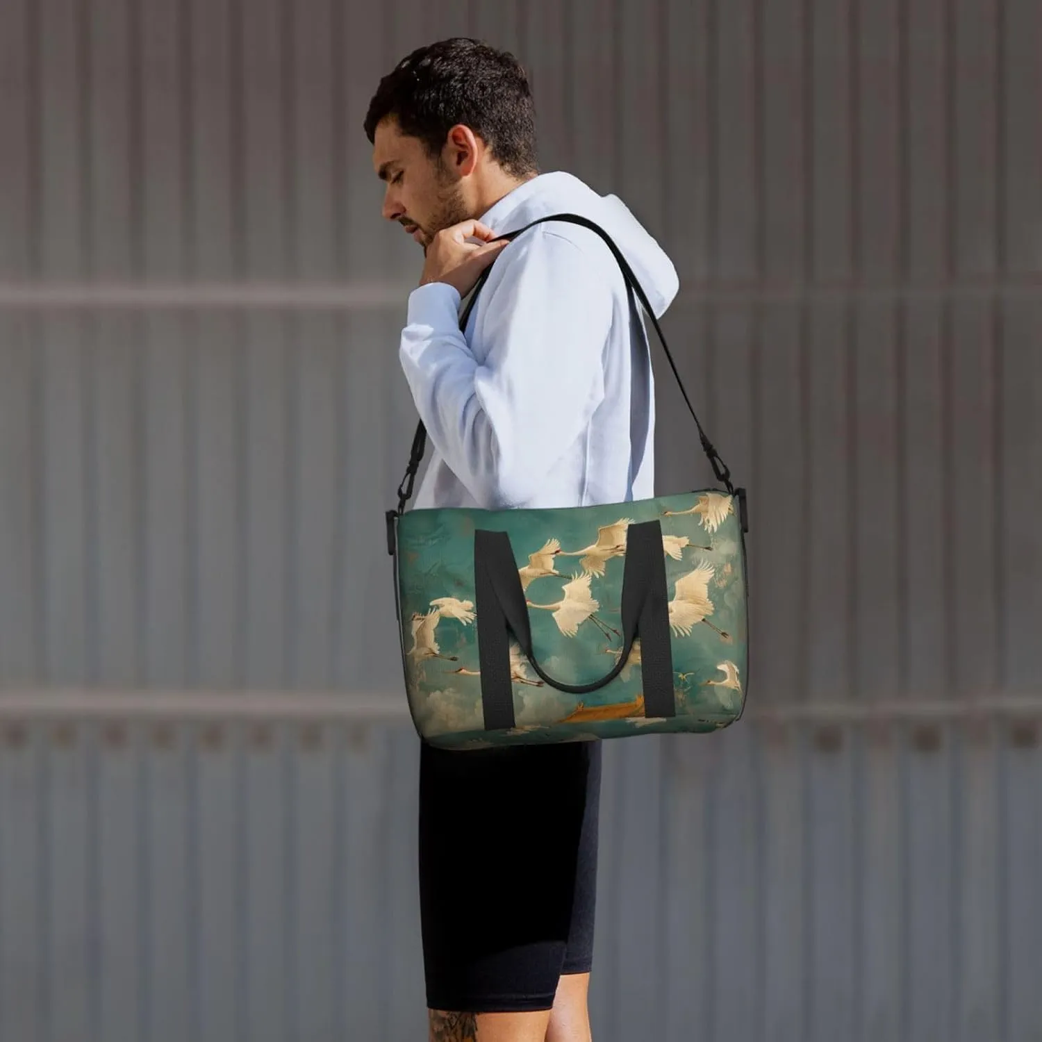 cranes flying print Travel Duffel Bag, Sports Tote Gym Bag, Swim Pool Bag Large Shoulder Tote Bag for Beach Weekender