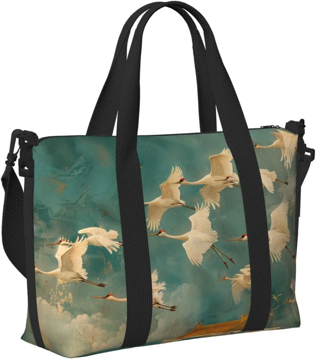 cranes flying print Travel Duffel Bag, Sports Tote Gym Bag, Swim Pool Bag Large Shoulder Tote Bag for Beach Weekender