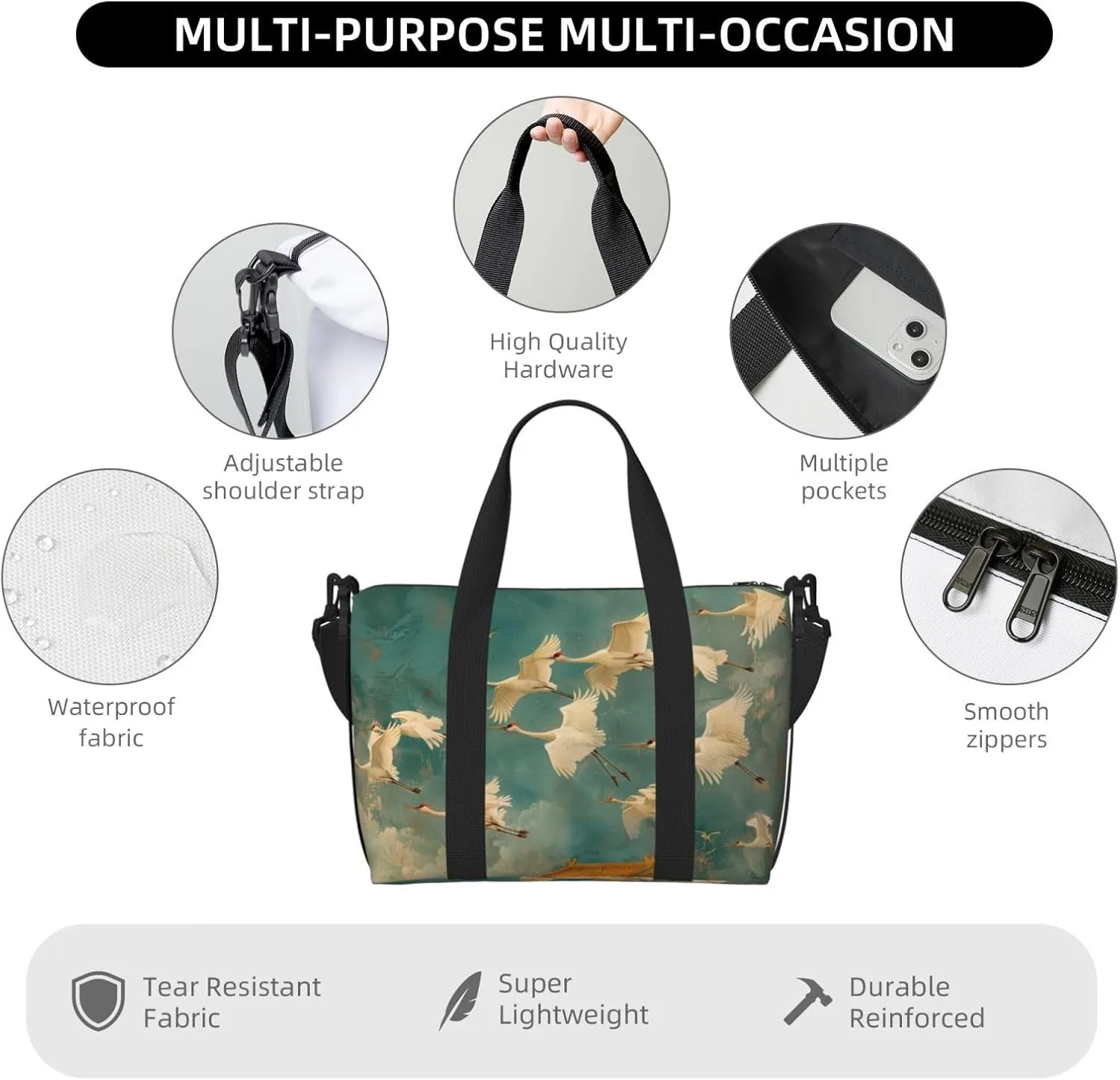 cranes flying print Travel Duffel Bag, Sports Tote Gym Bag, Swim Pool Bag Large Shoulder Tote Bag for Beach Weekender