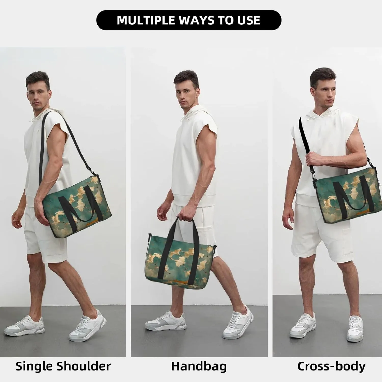 cranes flying print Travel Duffel Bag, Sports Tote Gym Bag, Swim Pool Bag Large Shoulder Tote Bag for Beach Weekender