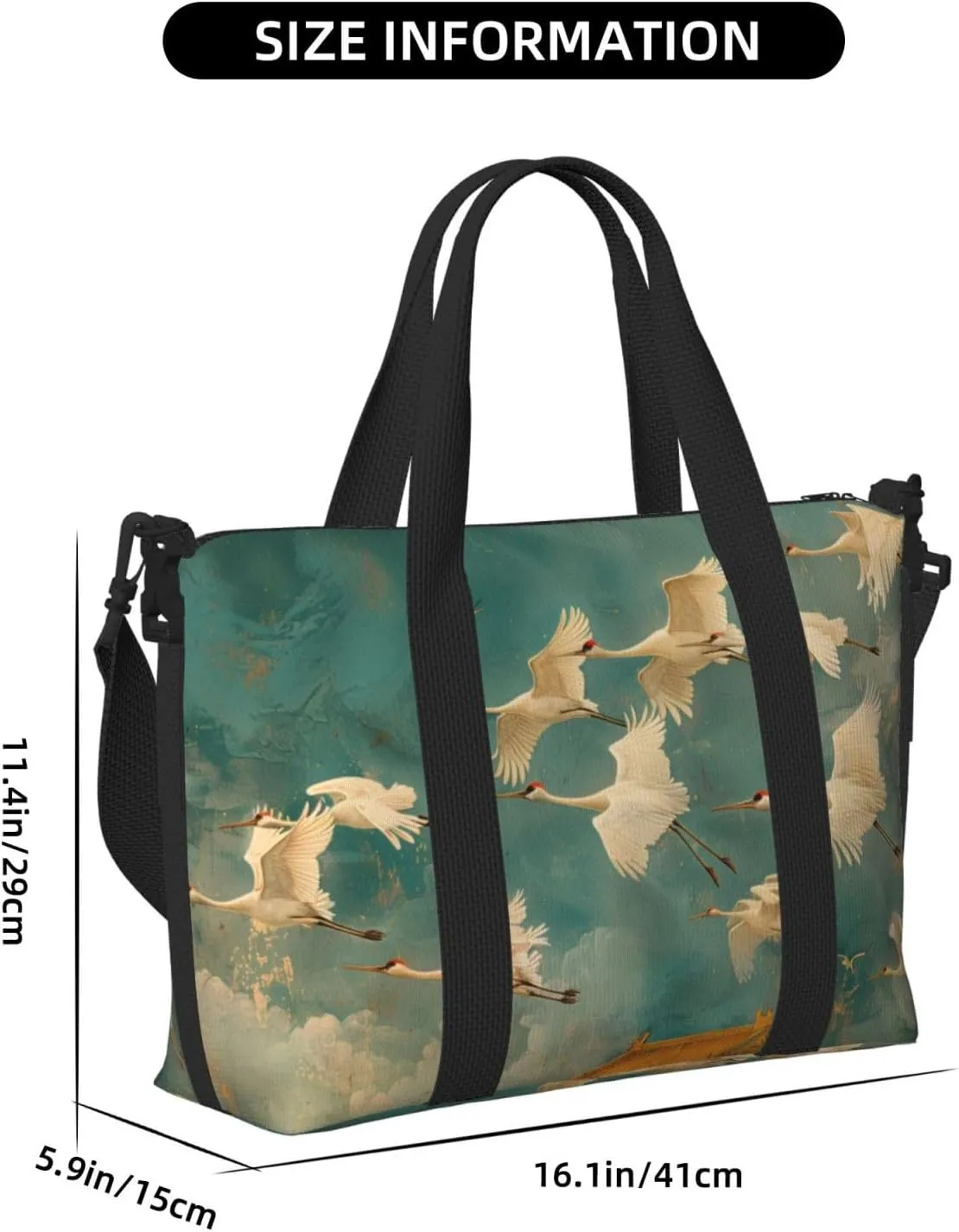 cranes flying print Travel Duffel Bag, Sports Tote Gym Bag, Swim Pool Bag Large Shoulder Tote Bag for Beach Weekender