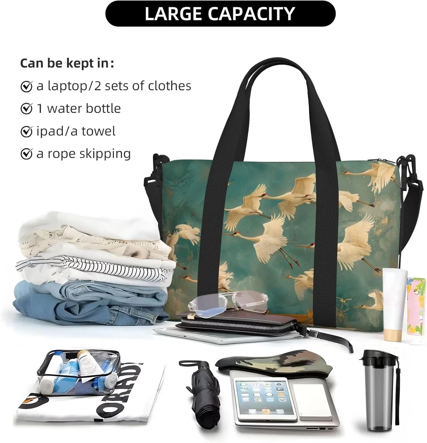 cranes flying print Travel Duffel Bag, Sports Tote Gym Bag, Swim Pool Bag Large Shoulder Tote Bag for Beach Weekender