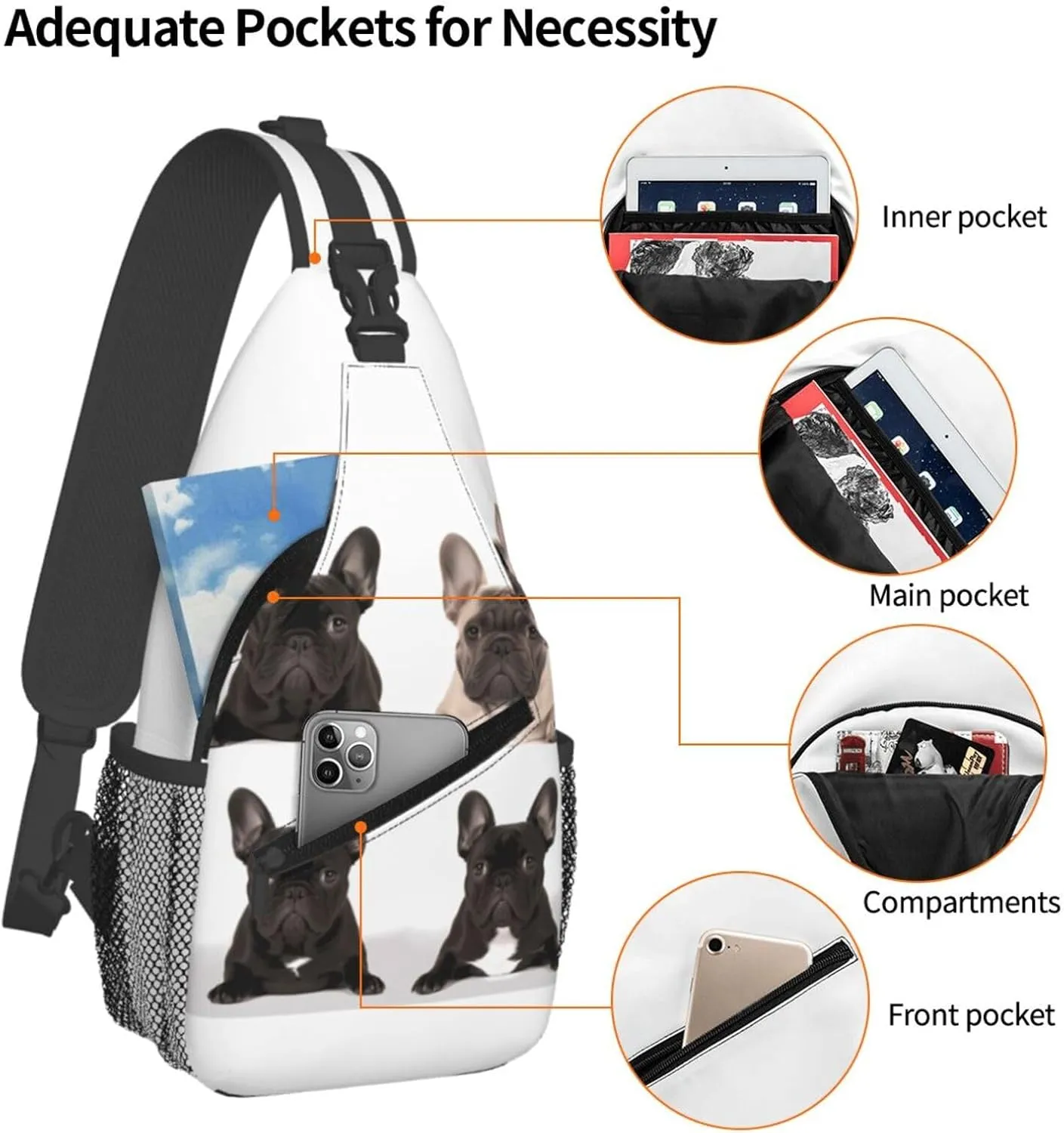 Cross Chest Bag Diagonally Sling Backpack Crossbody Shoulder Bag french bulldog Sling Bag Travel Hiking Daypack