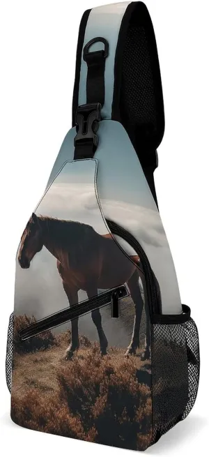 Cross Chest Bag Diagonally Sling Backpack Crossbody Shoulder Bags Horse on A Misty Mountaintop Sling Bag Travel Hiking Daypack
