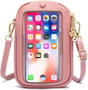 Crossbody Purse for Samsung Galaxy A2 Core Touchscreen Leather Wallet Case Mini Cell Phone Pouch with Credit Card Slots Zipper Shoulder Handbags Clutch Gift for Women Girls,Pink