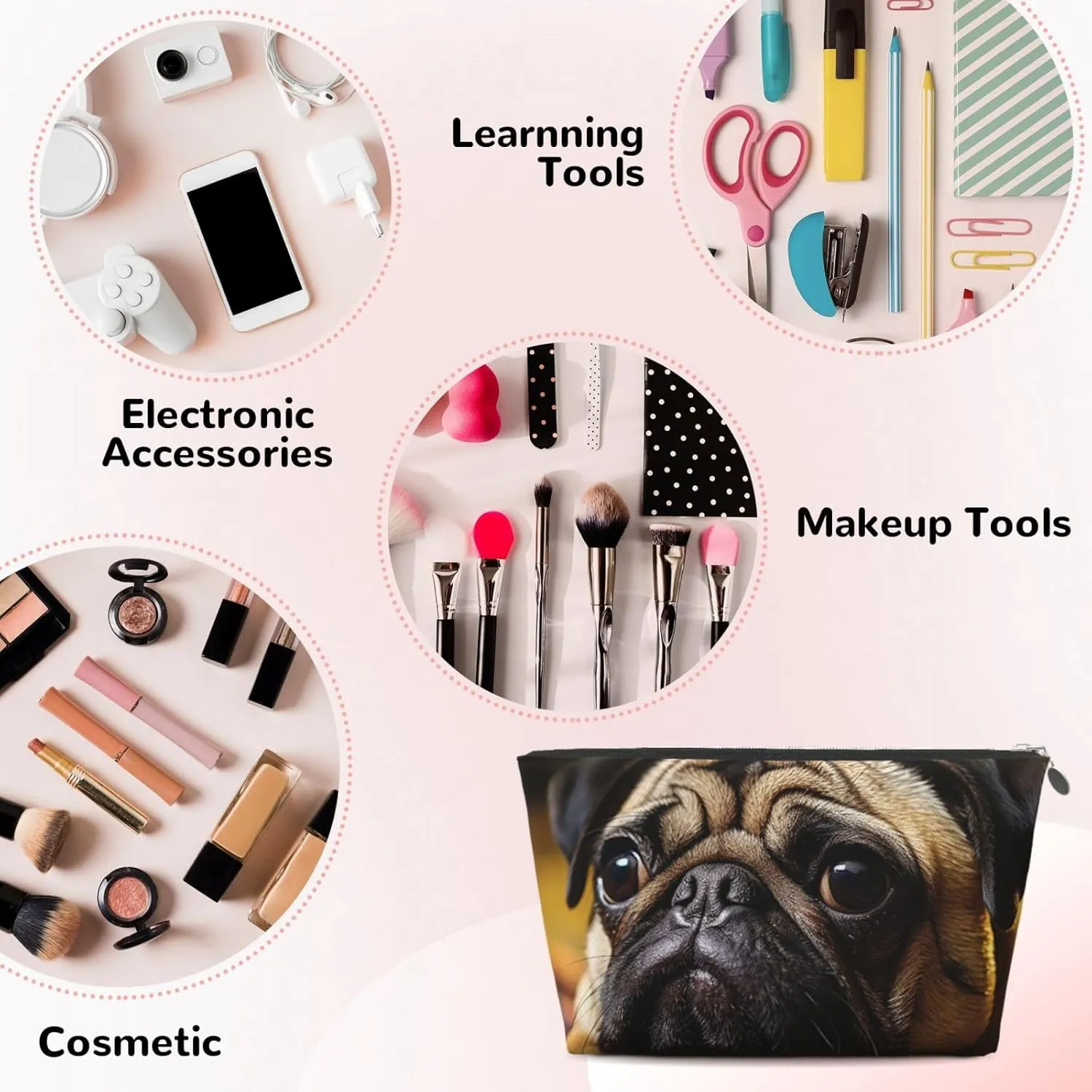 Cry Pug Cosmetic Bag Pu Leather Waterproof Makeup Bag Portable Travel Toiletry Bag Organizer Silver Zipper Pouch For Women Ladies Gift