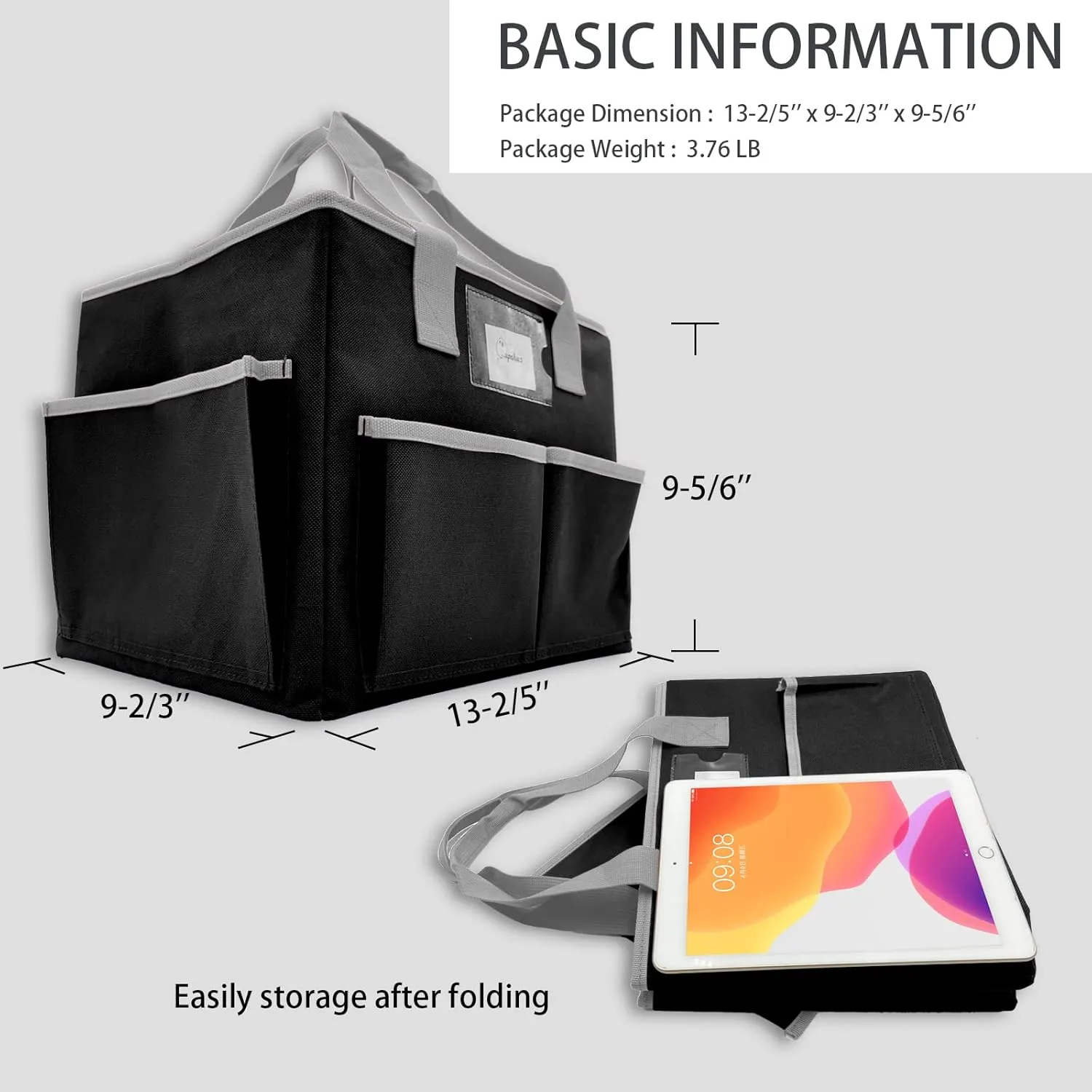 Cupohus Extra Large Art Organizer Craft Storage Tote Bag with Pockets and Hadles, Oxford Fabric Carrying Caddy for Teacher, Officer, Artist, Students, Traveler, and more – Black with Grey Edge