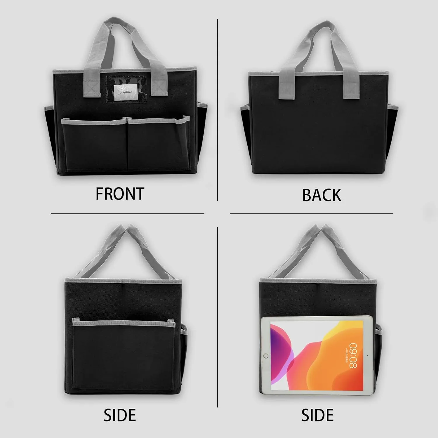 Cupohus Extra Large Art Organizer Craft Storage Tote Bag with Pockets and Hadles, Oxford Fabric Carrying Caddy for Teacher, Officer, Artist, Students, Traveler, and more – Black with Grey Edge