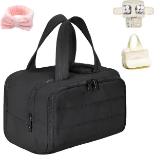 Cureaway Cosmetic Bag, Cureaway Travel Cosmetic Bag, Large Capacity Wide-Open Cosmetic Bags, Waterproof Portable Pouch Open Flat Toiletry Bags, Dry-And-Wet Separation (Black)