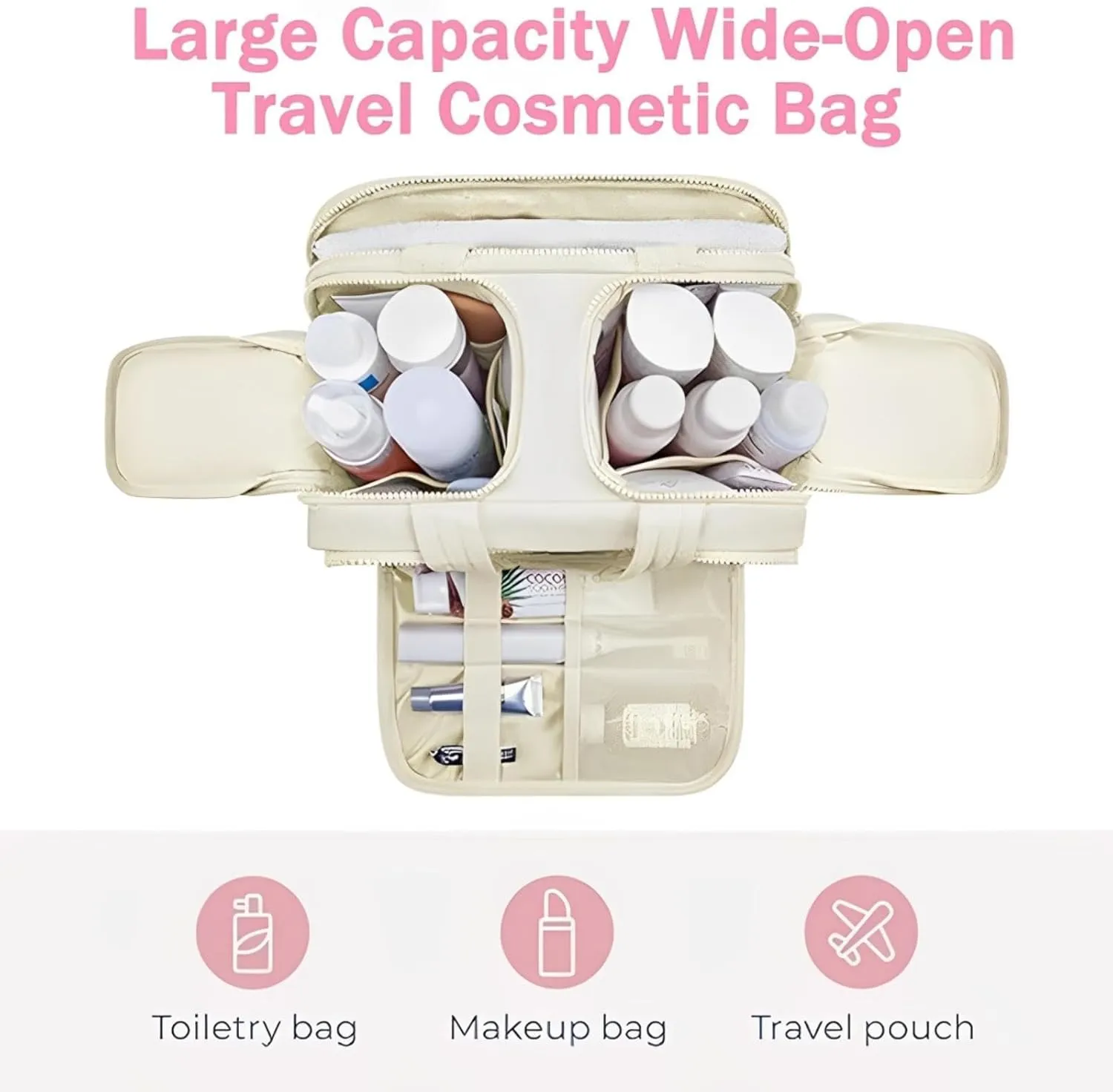 Cureaway Travel Cosmetic Bag for Women,Curetoaway Cuteaway Large Capacity Wide-Open Travel Cosmetic Bag,4-in-1 Puffy Multi-functional Toiletry for Women with Divider and Handle (white)