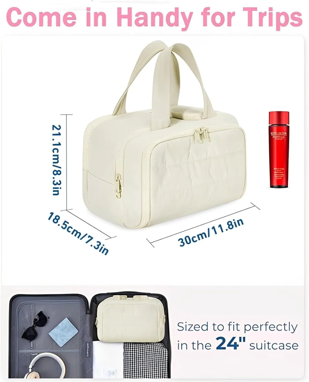 Cureaway Travel Cosmetic Bag for Women,Curetoaway Cuteaway Large Capacity Wide-Open Travel Cosmetic Bag,4-in-1 Puffy Multi-functional Toiletry for Women with Divider and Handle (white)