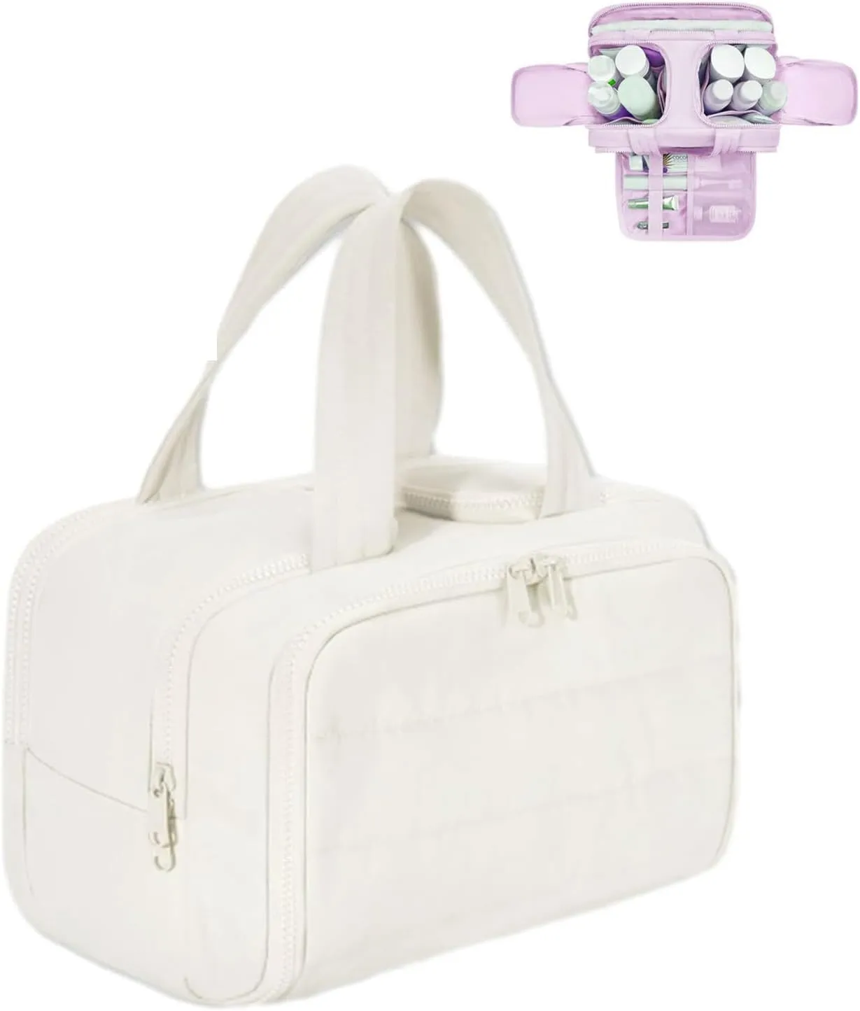Cureaway Travel Cosmetic Bag for Women,Curetoaway Cuteaway Large Capacity Wide-Open Travel Cosmetic Bag,4-in-1 Puffy Multi-functional Toiletry for Women with Divider and Handle (white)