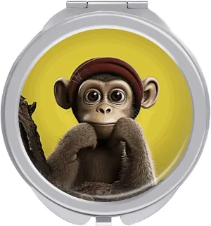 Curious Monkey Travel Makeup Mirror, 1x/2x Magnification, Portable Pocket Mirror for Purse Round Mini Cosmetic Compact Mirror Cute Handbag Mirror