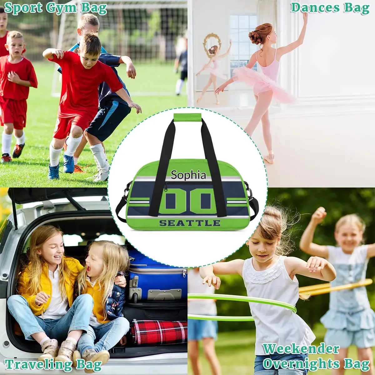 Custom Name American Football Sports Bag, Personalized Rugby Balls Sports Gym Duffel Bag, Travel Weekender Tote Carry-On Training Perform Bag, Seattle