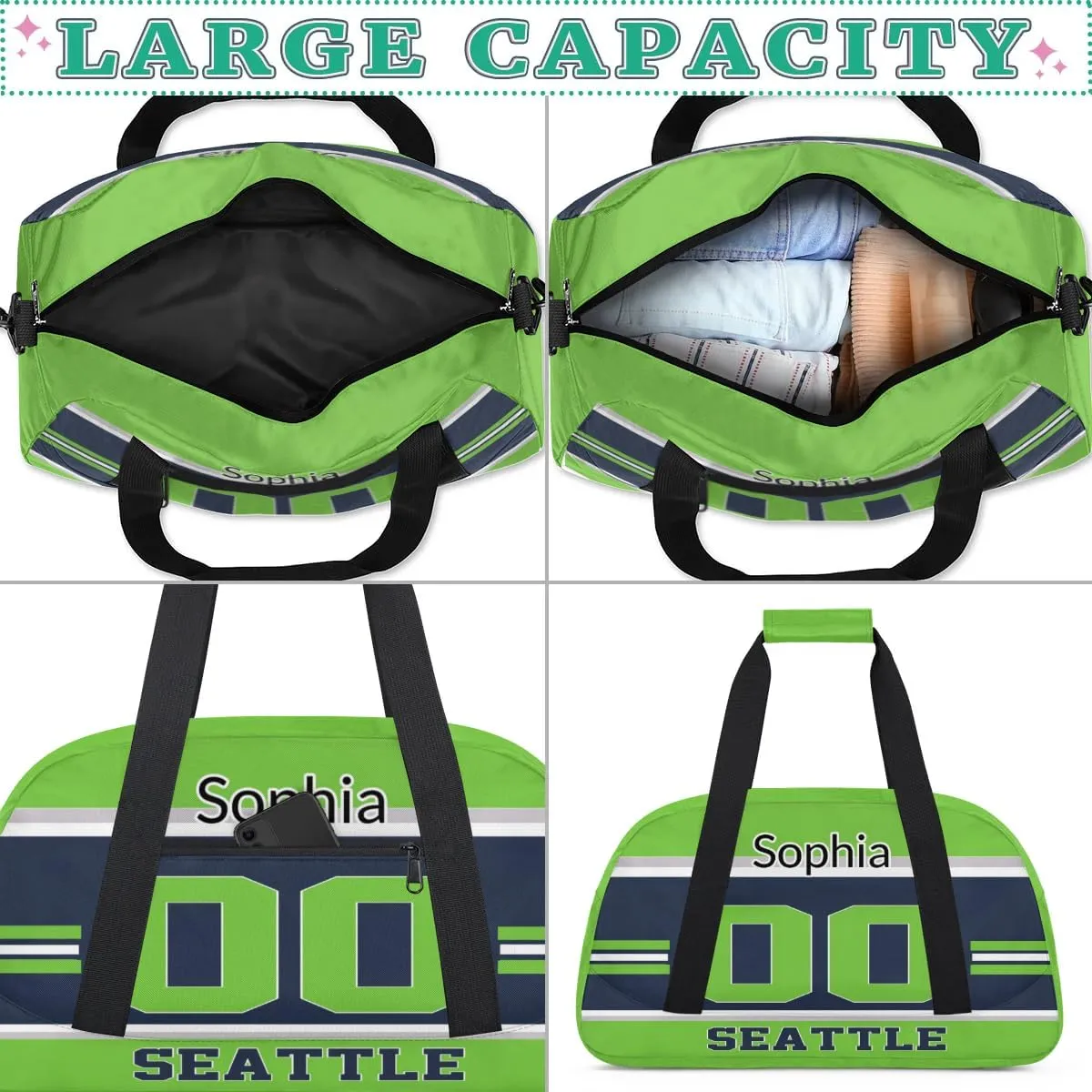 Custom Name American Football Sports Bag, Personalized Rugby Balls Sports Gym Duffel Bag, Travel Weekender Tote Carry-On Training Perform Bag, Seattle