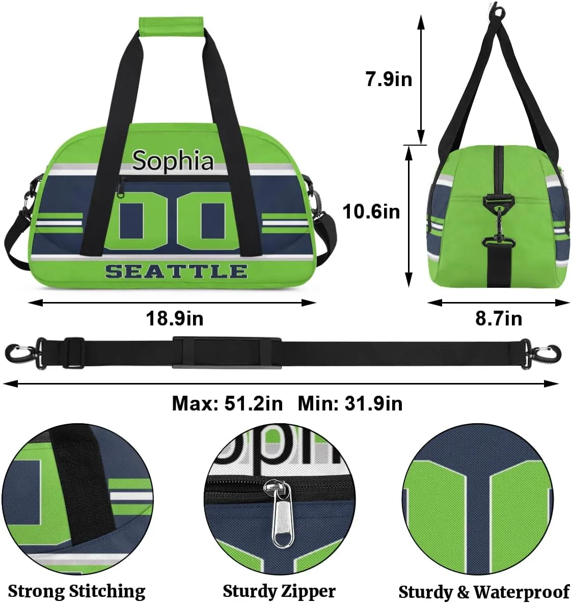 Custom Name American Football Sports Bag, Personalized Rugby Balls Sports Gym Duffel Bag, Travel Weekender Tote Carry-On Training Perform Bag, Seattle
