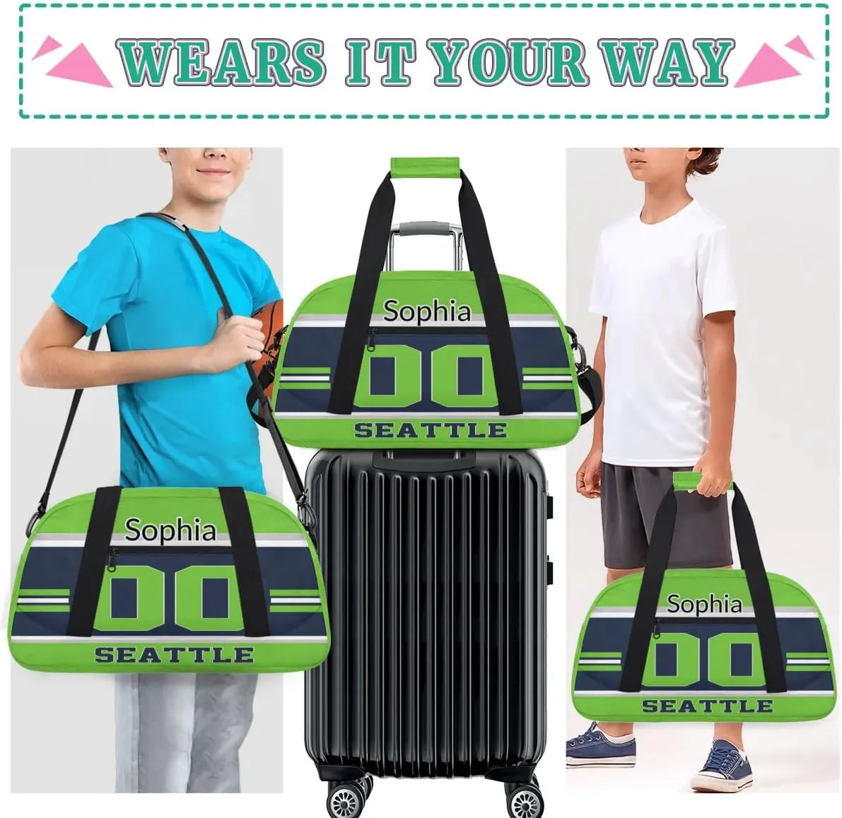 Custom Name American Football Sports Bag, Personalized Rugby Balls Sports Gym Duffel Bag, Travel Weekender Tote Carry-On Training Perform Bag, Seattle