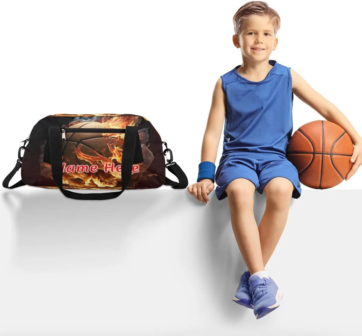 Custom Name Small Kids Overnighter Duffle Bag for Boys Girls Fire Basketball Funny Sprt Personalized Lightweight Gym Sports Duffle Bag Travel Weekender Tote Carry on Bag Customized Kids Gifts
