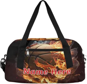 Custom Name Small Kids Overnighter Duffle Bag for Boys Girls Fire Basketball Funny Sprt Personalized Lightweight Gym Sports Duffle Bag Travel Weekender Tote Carry on Bag Customized Kids Gifts