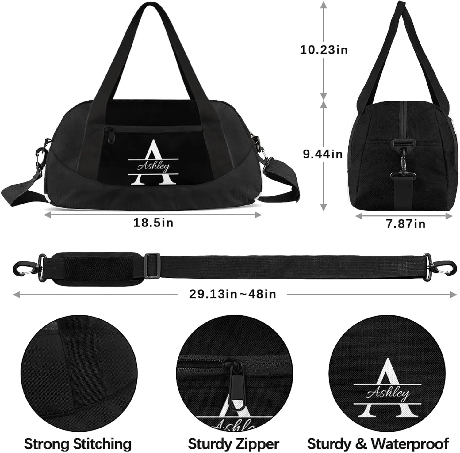 Custom Sports Duffel Bag Personalized Name Dance Gym Bag for Women Men Overnight Weekender Travel Duffel Bags Lightweight 18.5in, Pure Black