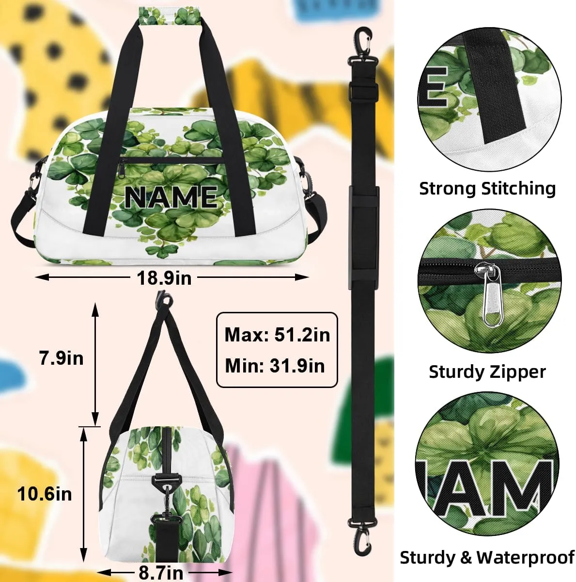 Custom St. Patrick's Day Small Gym Bag 18 inch for Women Men Personalized Heart Clover Carry On Overnight Weekender Bag for Travel Work Dance Sport