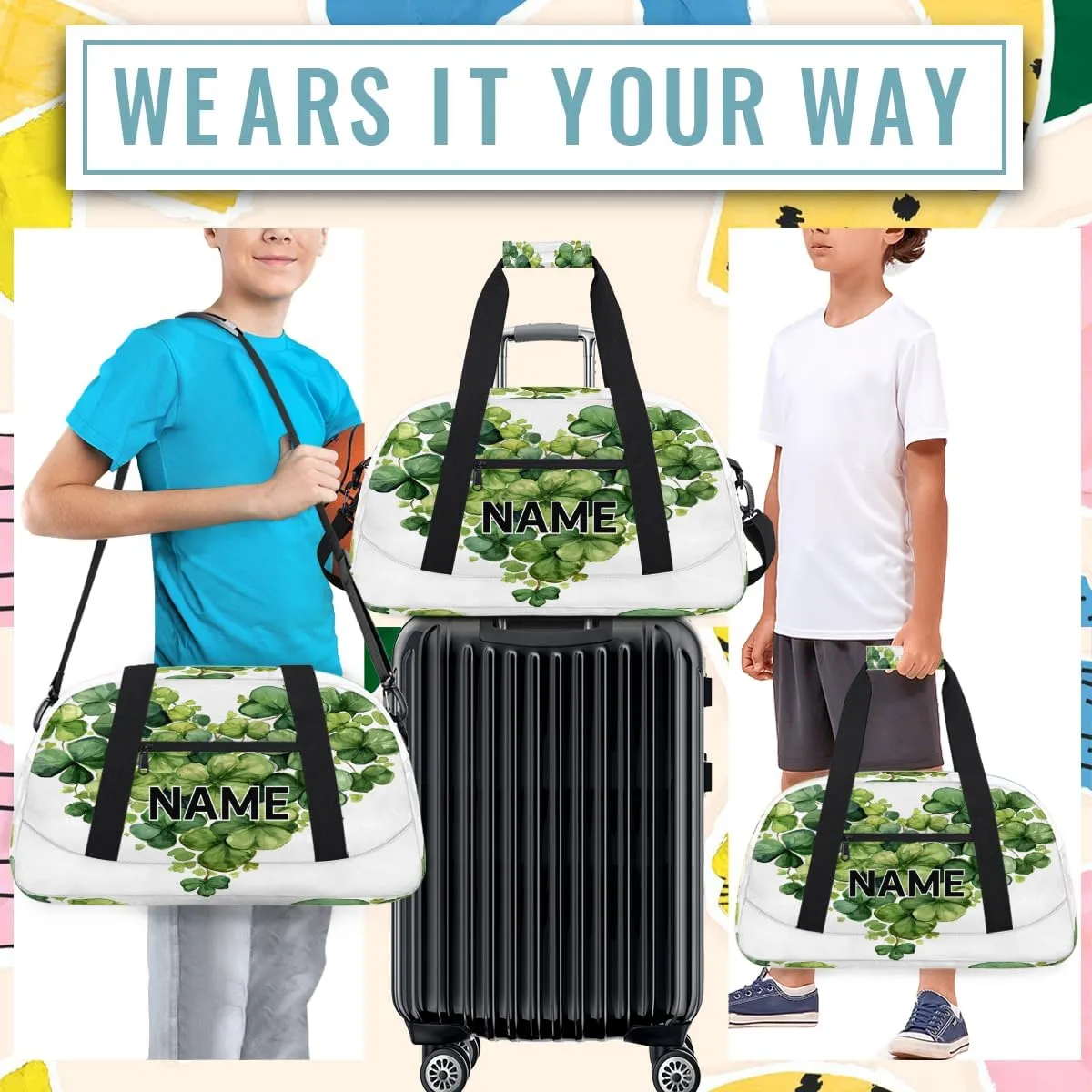 Custom St. Patrick's Day Small Gym Bag 18 inch for Women Men Personalized Heart Clover Carry On Overnight Weekender Bag for Travel Work Dance Sport