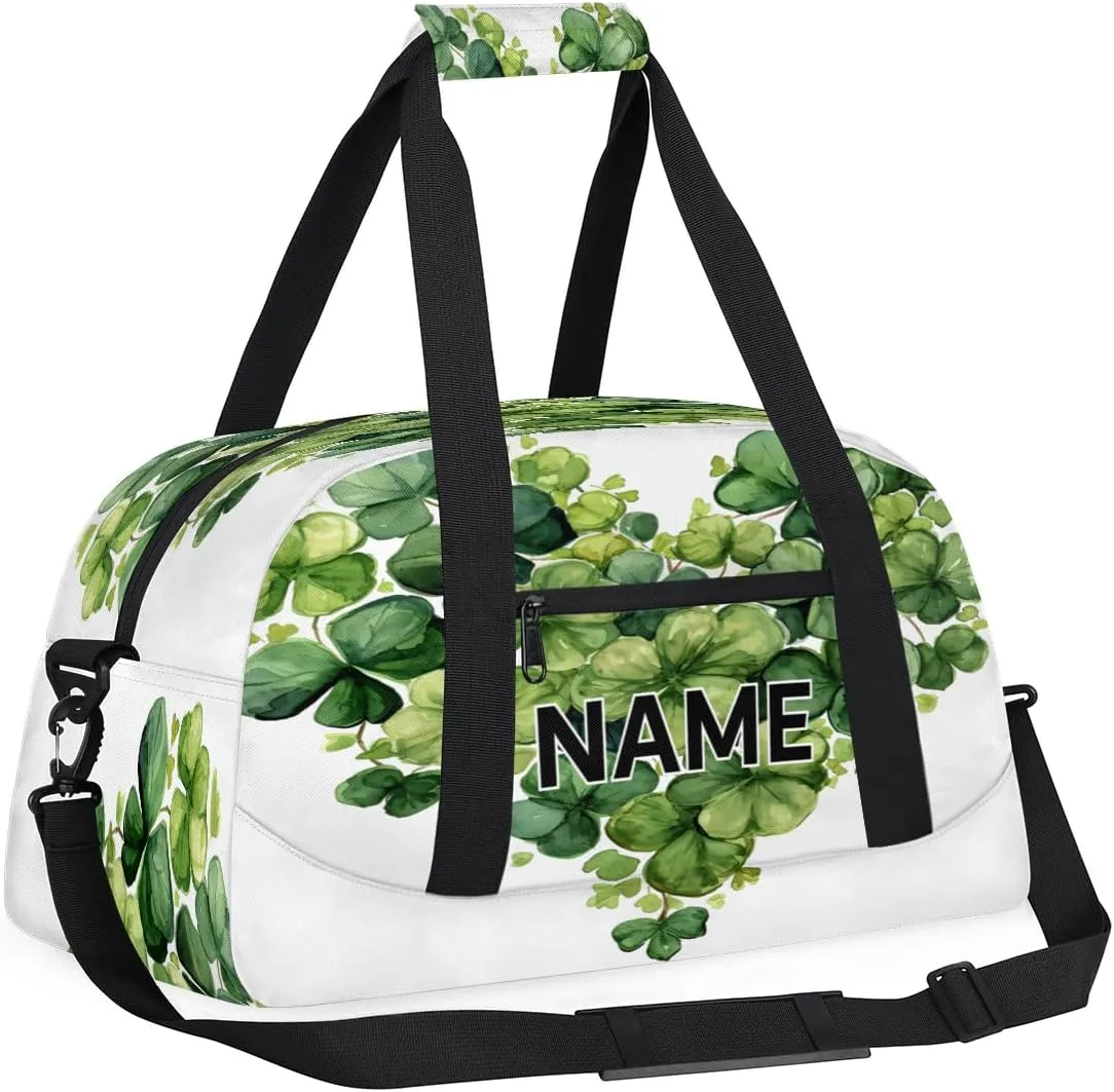 Custom St. Patrick's Day Small Gym Bag 18 inch for Women Men Personalized Heart Clover Carry On Overnight Weekender Bag for Travel Work Dance Sport