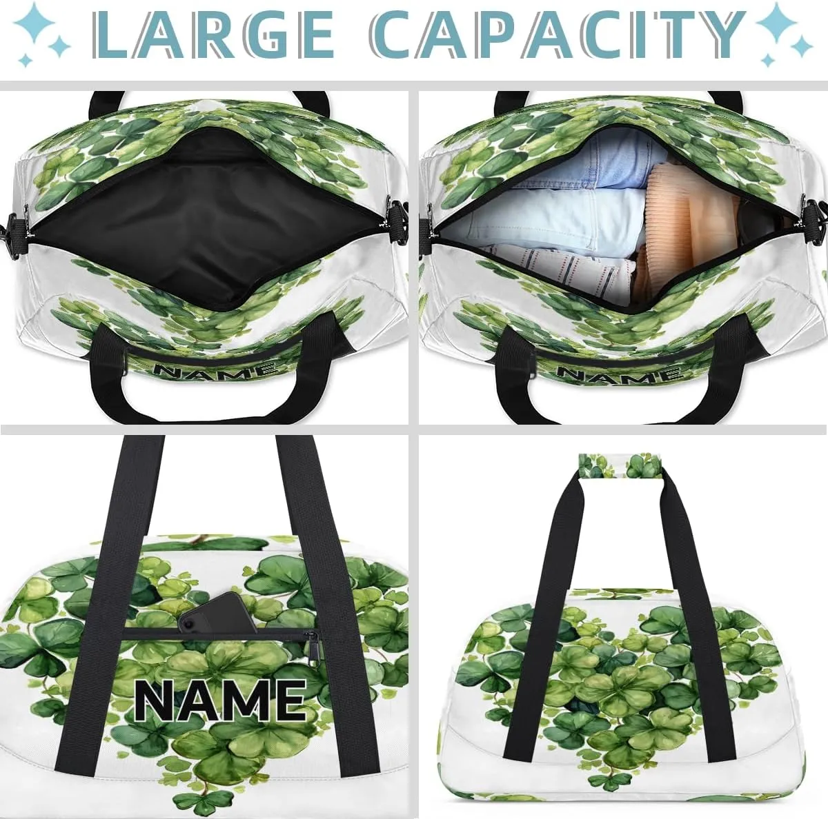 Custom St. Patrick's Day Small Gym Bag 18 inch for Women Men Personalized Heart Clover Carry On Overnight Weekender Bag for Travel Work Dance Sport