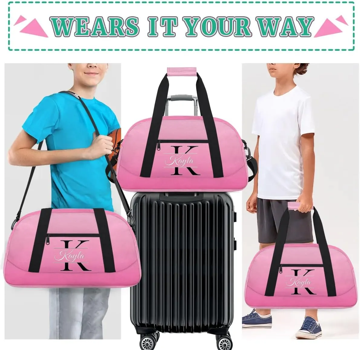 Custom Travel Duffle Bag, Initial Duffel Bag Weekender Overnight Bag, Large Capacity Carry On Tote for Gym, Travel, Work, and Sports, Pink Gradient