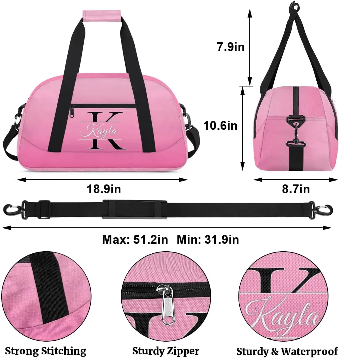 Custom Travel Duffle Bag, Initial Duffel Bag Weekender Overnight Bag, Large Capacity Carry On Tote for Gym, Travel, Work, and Sports, Pink Gradient