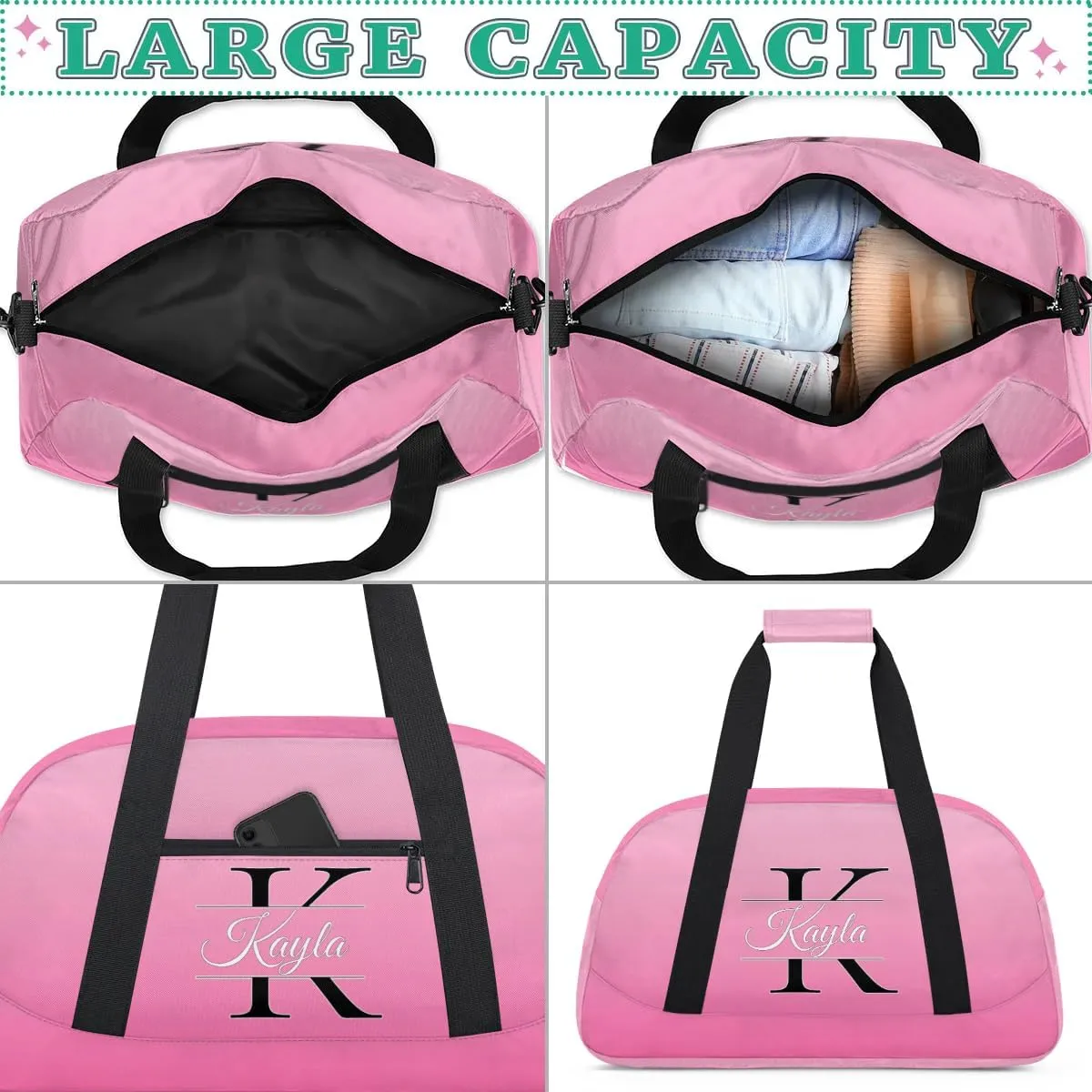 Custom Travel Duffle Bag, Initial Duffel Bag Weekender Overnight Bag, Large Capacity Carry On Tote for Gym, Travel, Work, and Sports, Pink Gradient