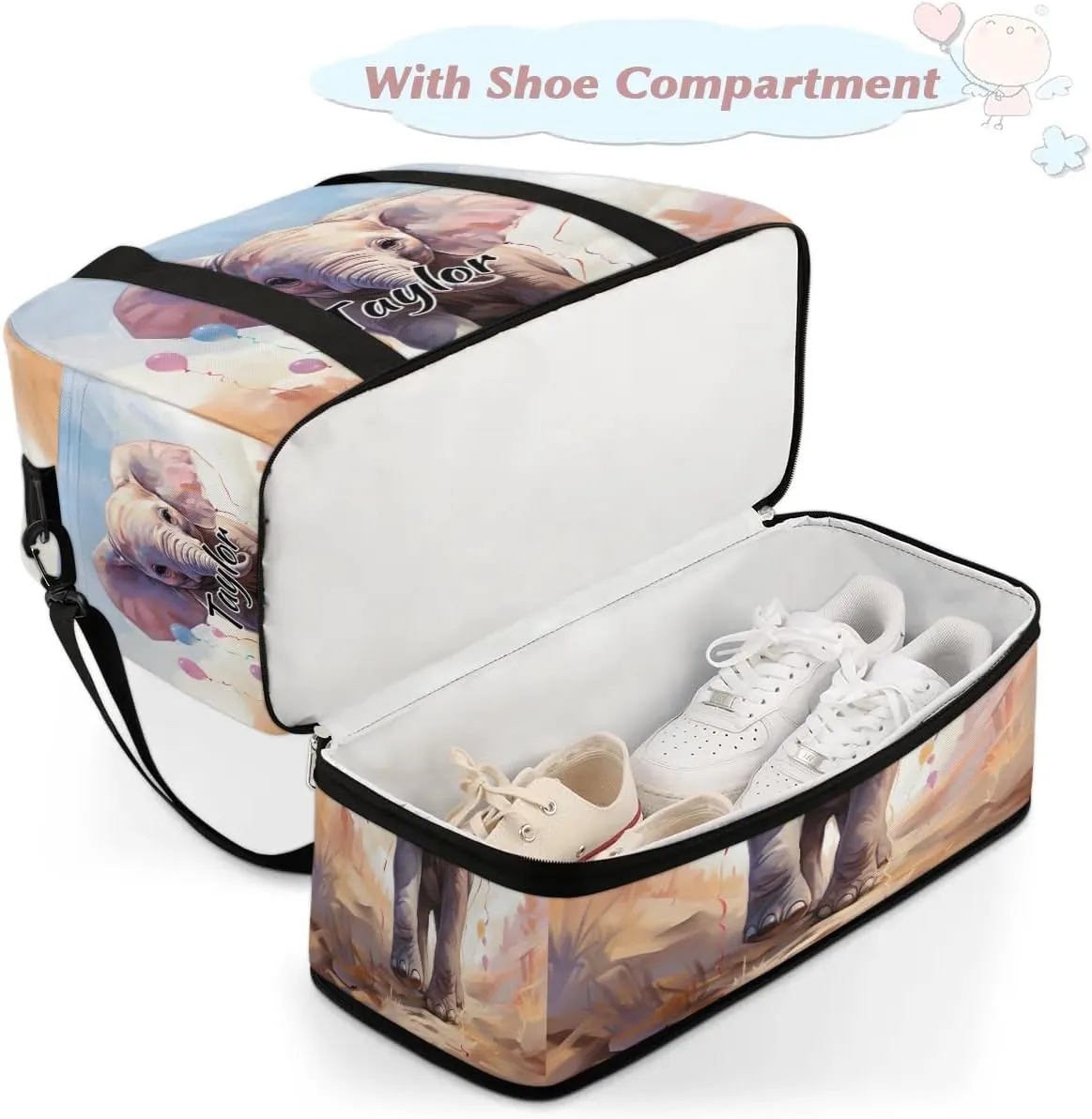 Customized Gym Bag for Women, Personalized African Elephant Travel Duffel Bag with Name, Elephant Design Weekender Overnight Bag with Shoes Compartment for Men Travel Yoga
