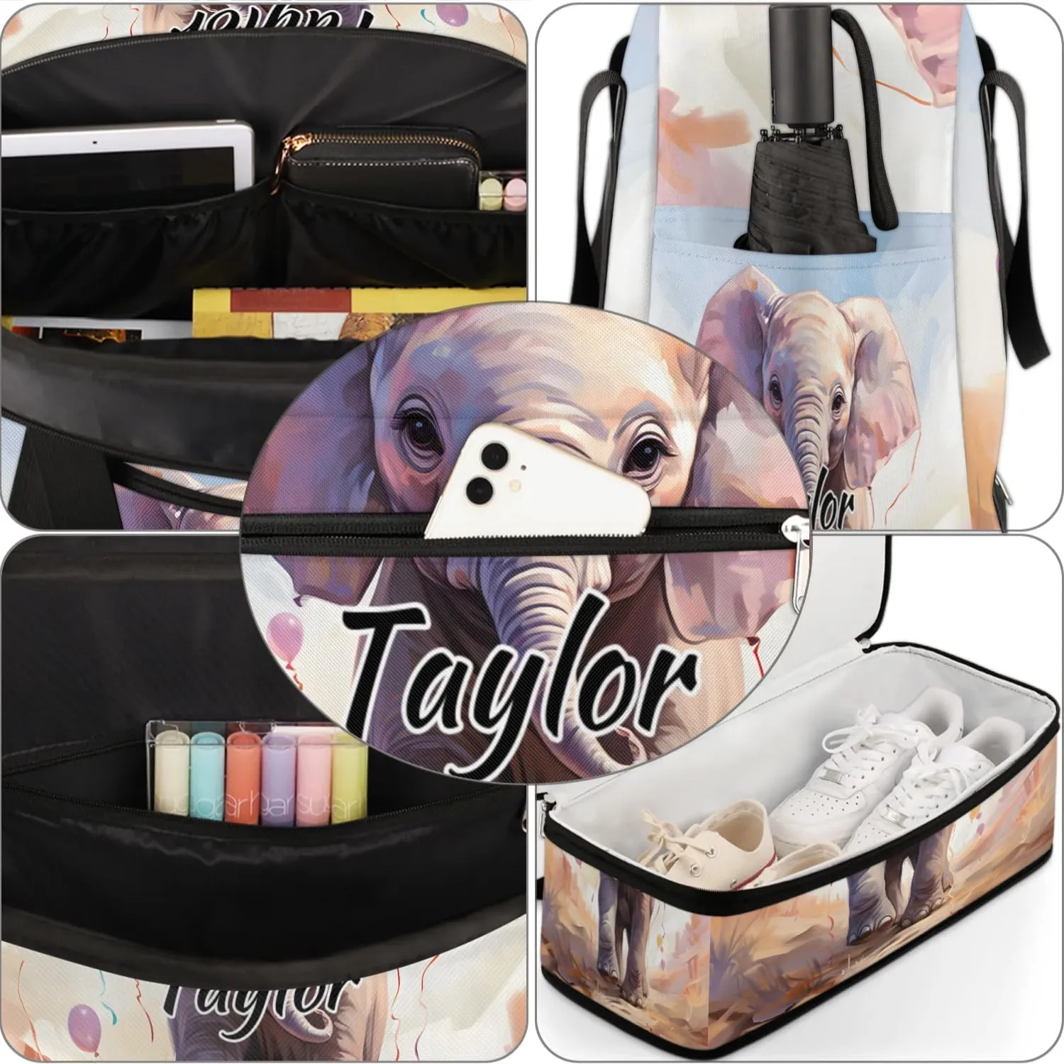 Customized Gym Bag for Women, Personalized African Elephant Travel Duffel Bag with Name, Elephant Design Weekender Overnight Bag with Shoes Compartment for Men Travel Yoga