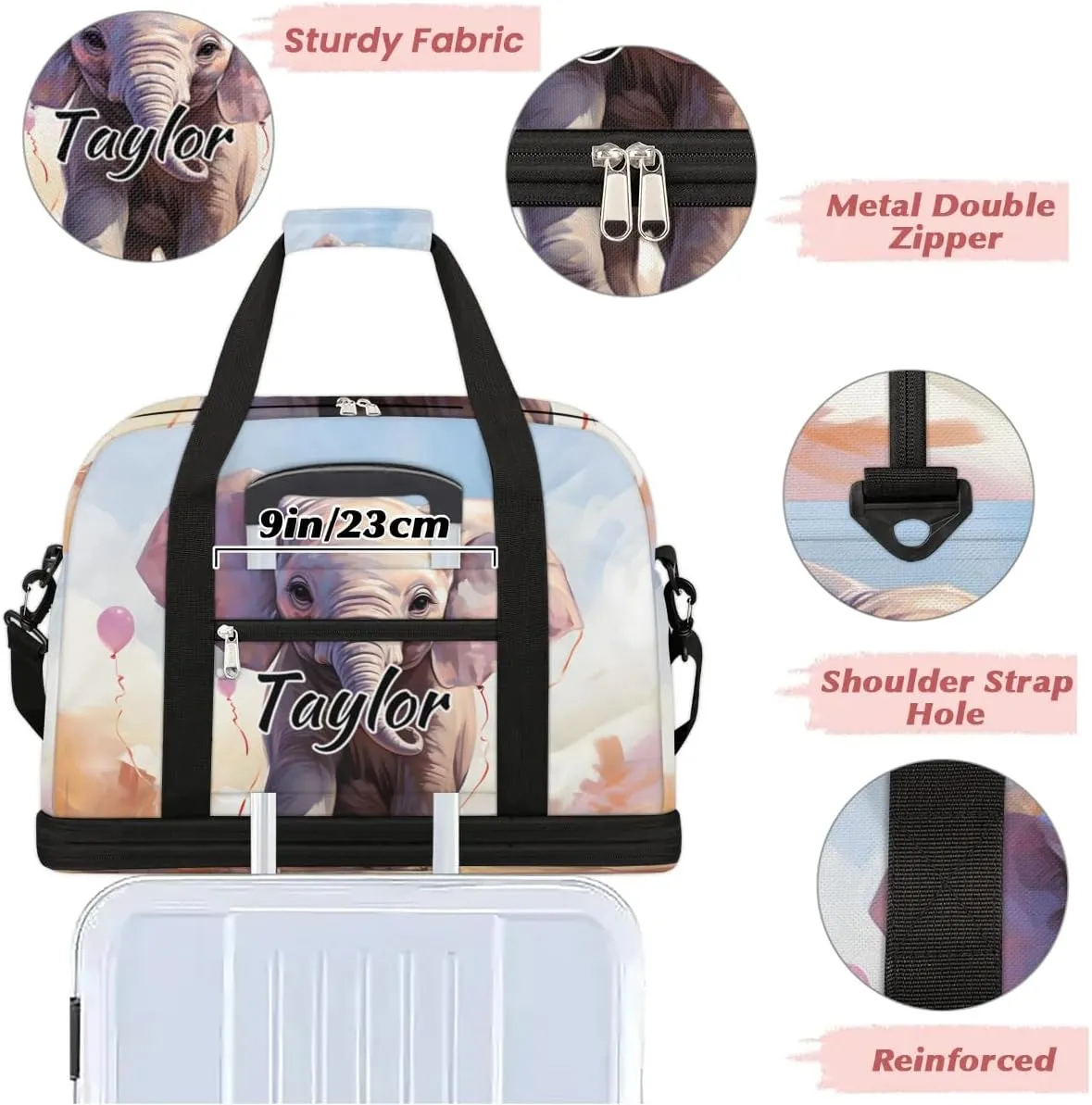 Customized Gym Bag for Women, Personalized African Elephant Travel Duffel Bag with Name, Elephant Design Weekender Overnight Bag with Shoes Compartment for Men Travel Yoga
