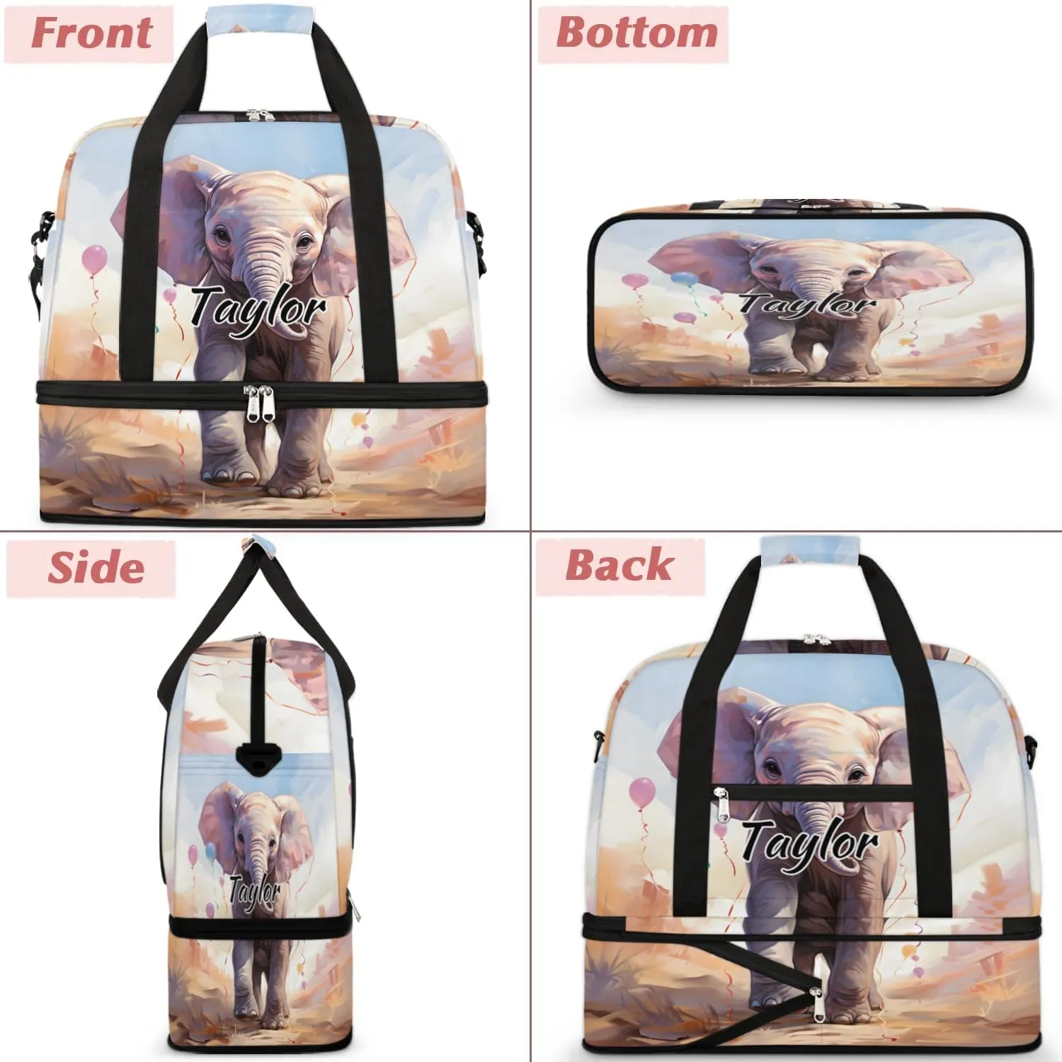 Customized Gym Bag for Women, Personalized African Elephant Travel Duffel Bag with Name, Elephant Design Weekender Overnight Bag with Shoes Compartment for Men Travel Yoga
