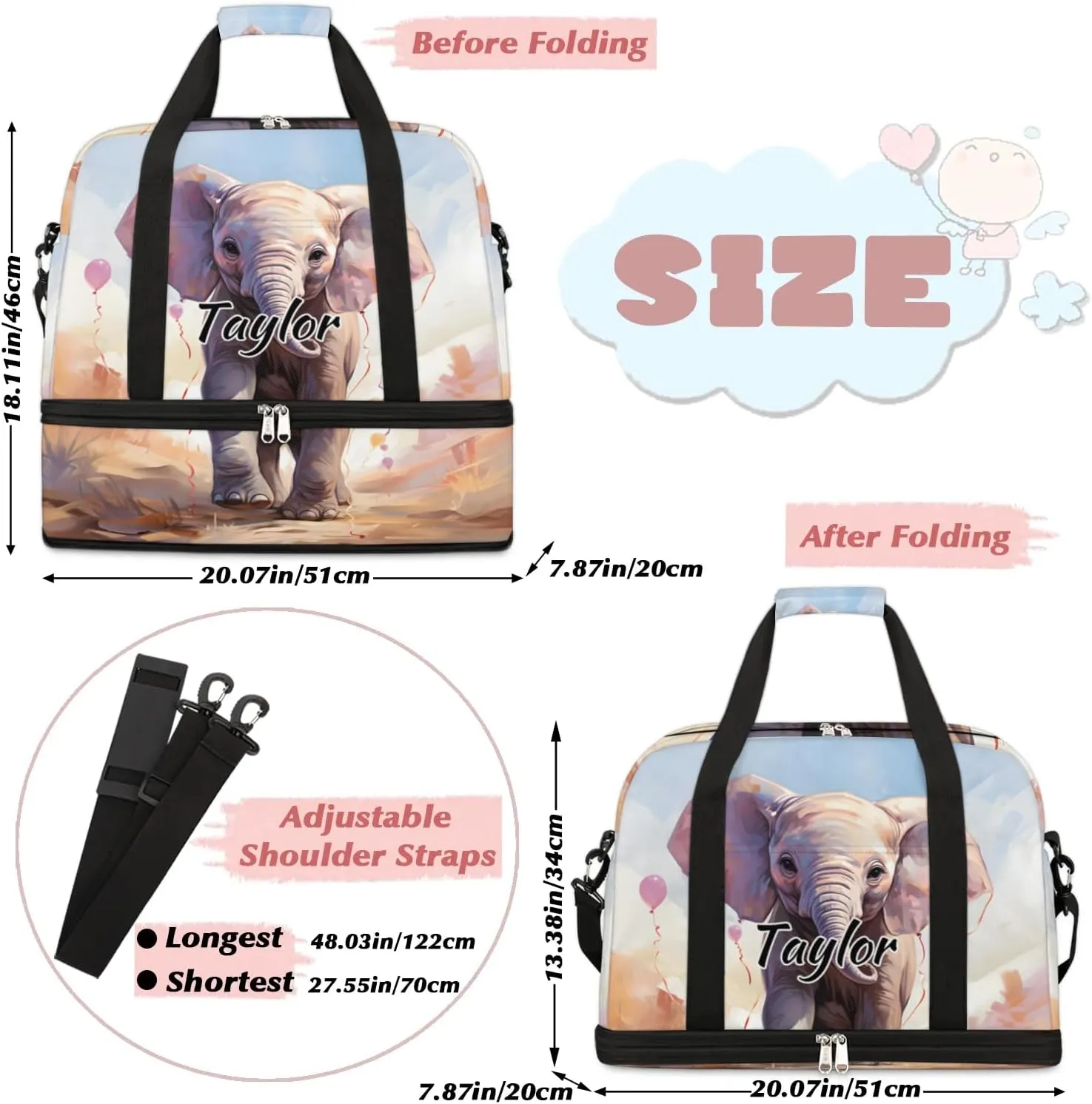 Customized Gym Bag for Women, Personalized African Elephant Travel Duffel Bag with Name, Elephant Design Weekender Overnight Bag with Shoes Compartment for Men Travel Yoga