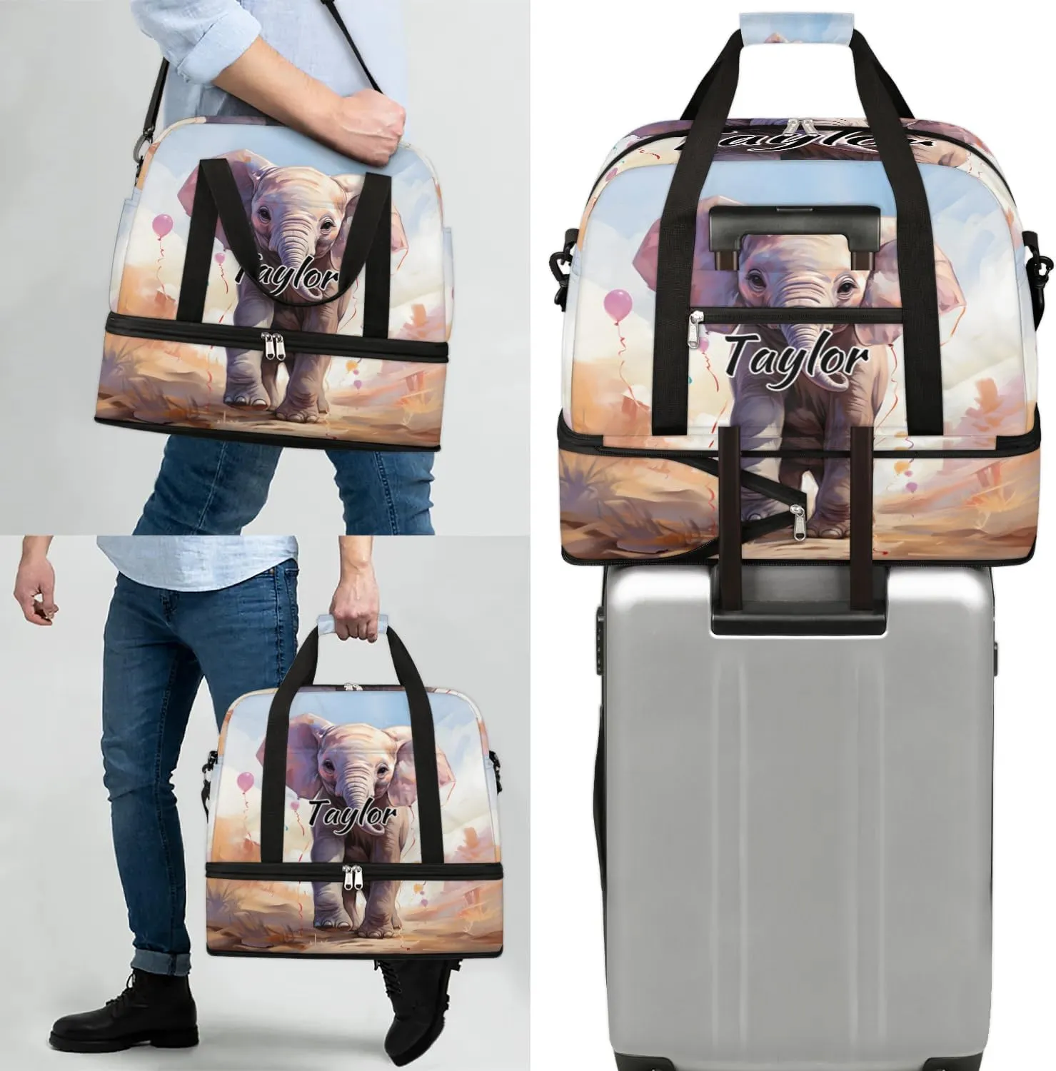 Customized Gym Bag for Women, Personalized African Elephant Travel Duffel Bag with Name, Elephant Design Weekender Overnight Bag with Shoes Compartment for Men Travel Yoga